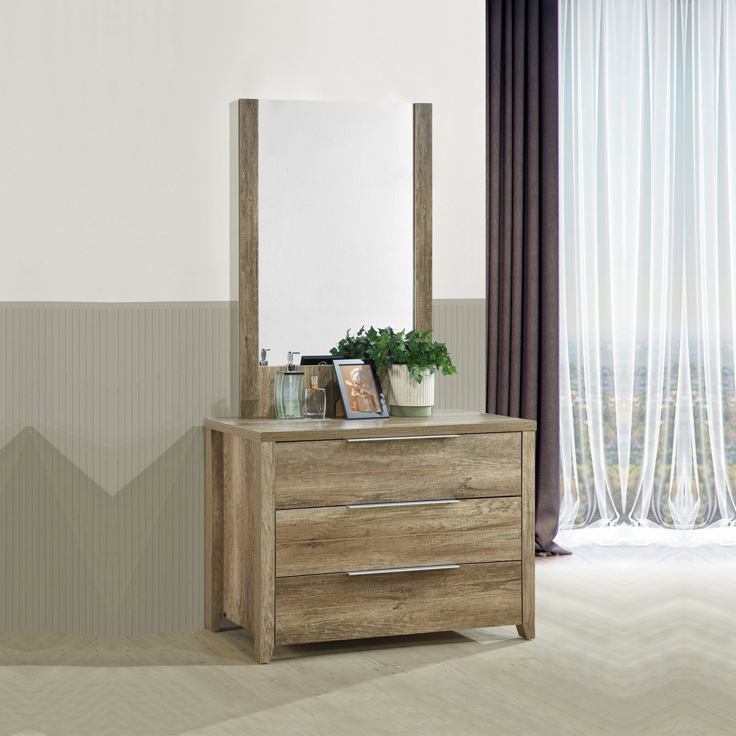 Cielo Natural Wood Like MDF Bedroom Suite 5 Pcs In Oak Colour with Dresser and Tallboy