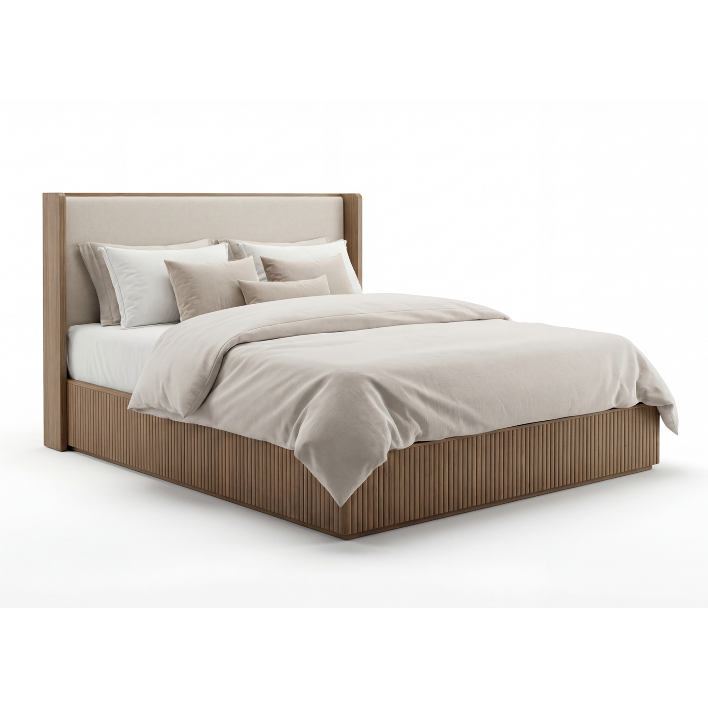 Arlo Solid Rubber Wood Bed Frame with Fabric Upholstered Headboard