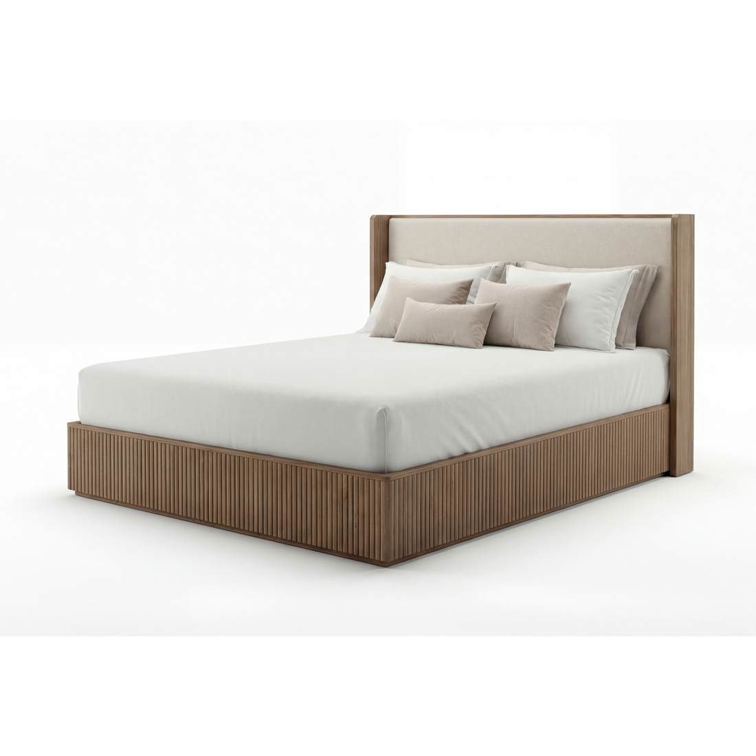 Arlo Solid Rubber Wood Bed Frame with Fabric Upholstered Headboard
