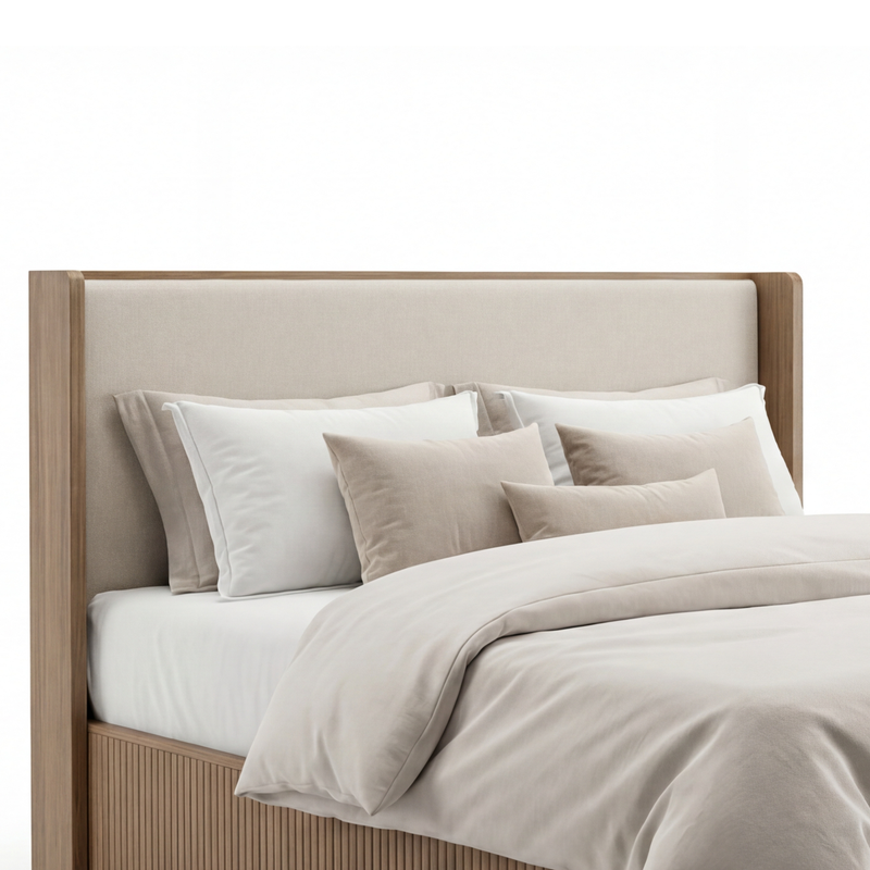 Arlo Solid Rubber Wood Bed Frame with Fabric Upholstered Headboard