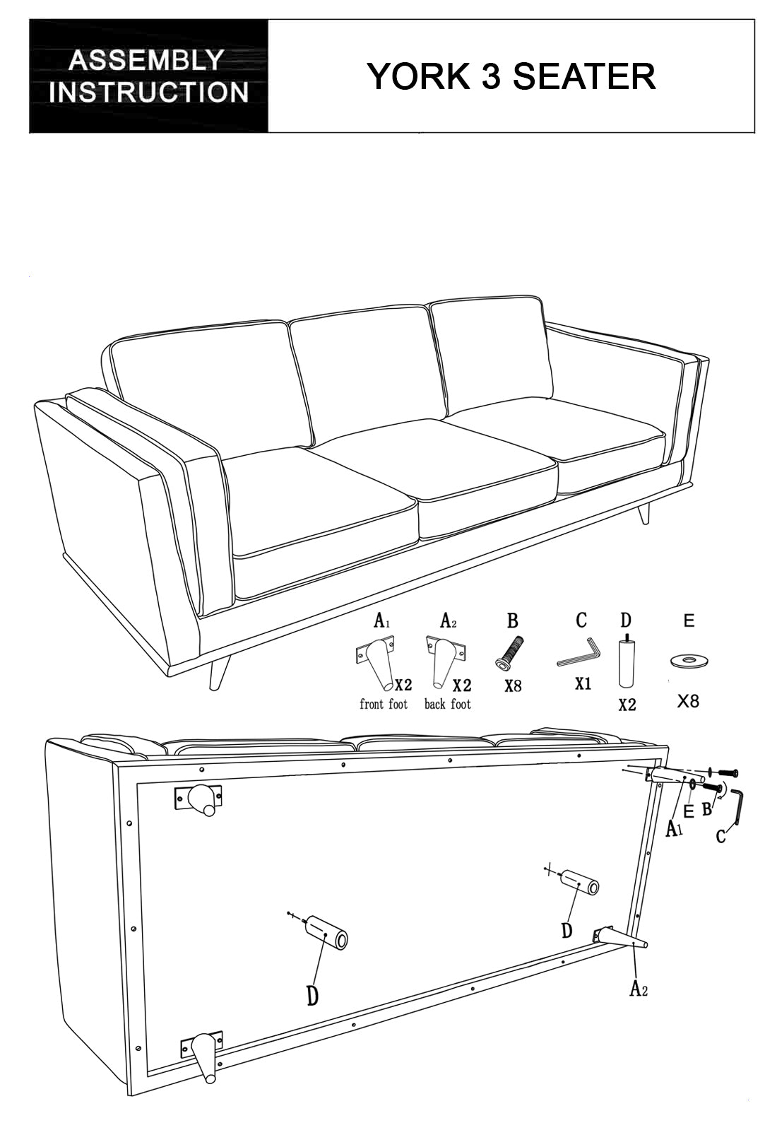 York 3+2 Seater Sofa Fabric Or PU Leatherette Lounge Set With Wooden Frame In Multiple Colour