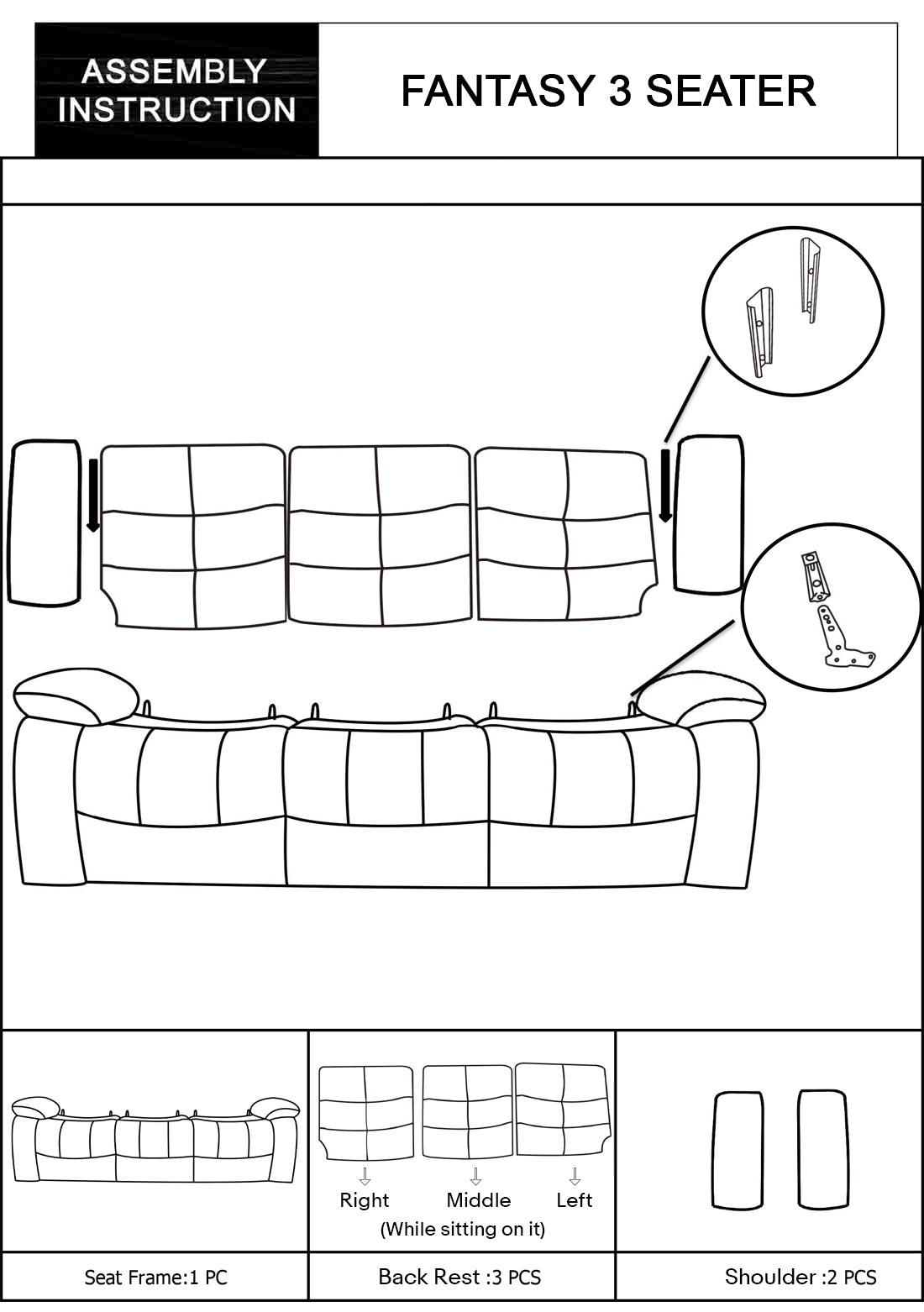 Fantasy 3 Seater Recliner Sofa In Faux Leather Lounge Wooden Frame Couch In Multiple Colour