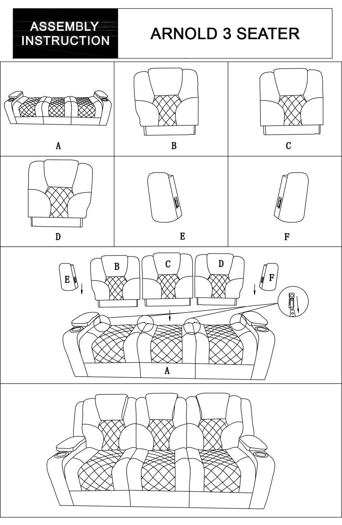 Arnold 3+2+1 Seater Electric Recliner Stylish Rhino Fabric Black Lounge Armchair with LED Features