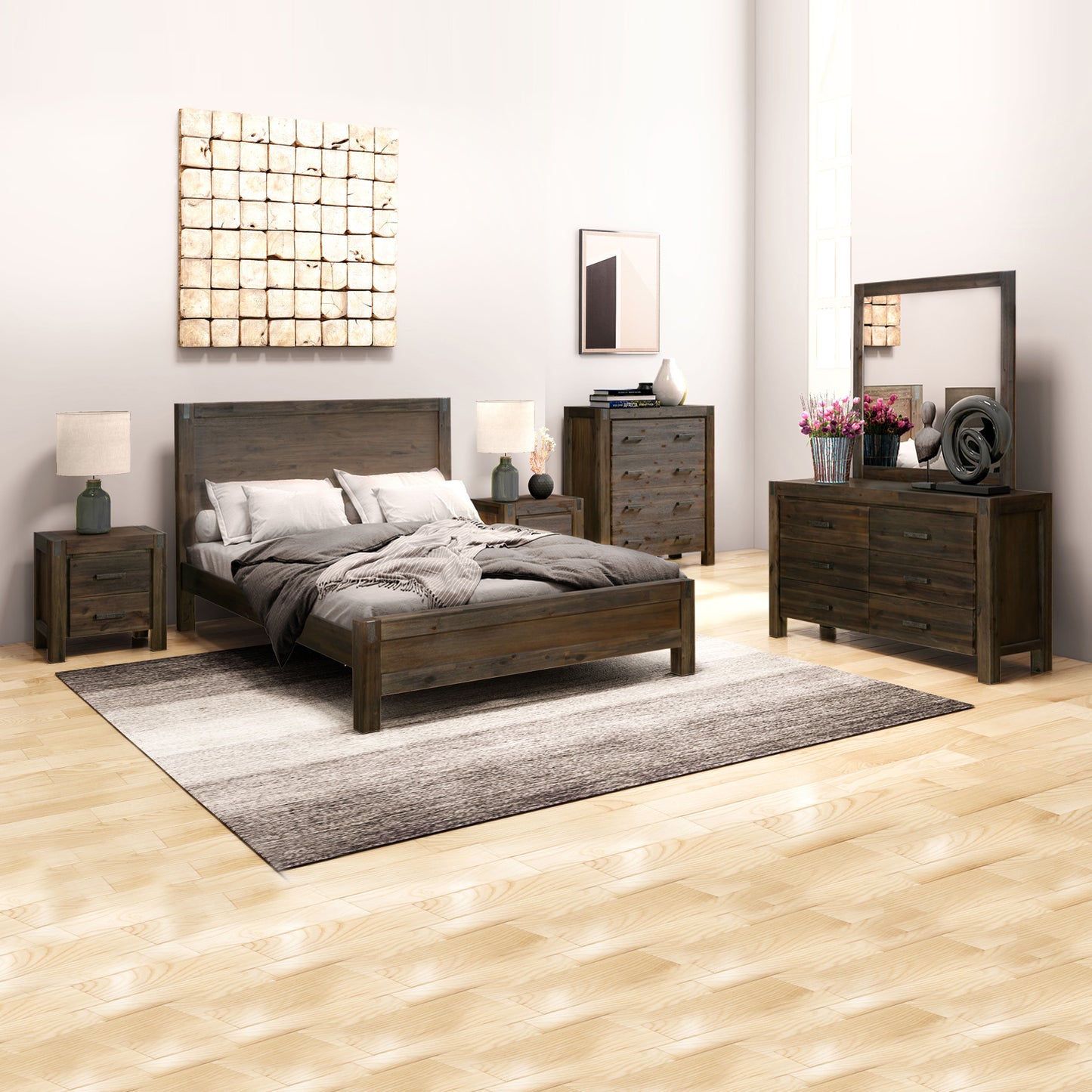 Nowra 5 Pcs Bedroom Suite In Solid Acacia Timber In Multiple Size & Colour with Dresser and Tallboy