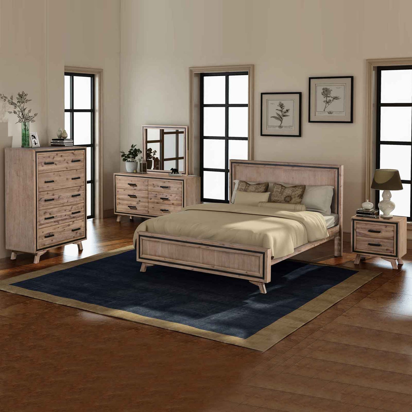 Seashore 5 Pcs Bedroom Suite in Solid Acacia Timber in Silver Brush Colour