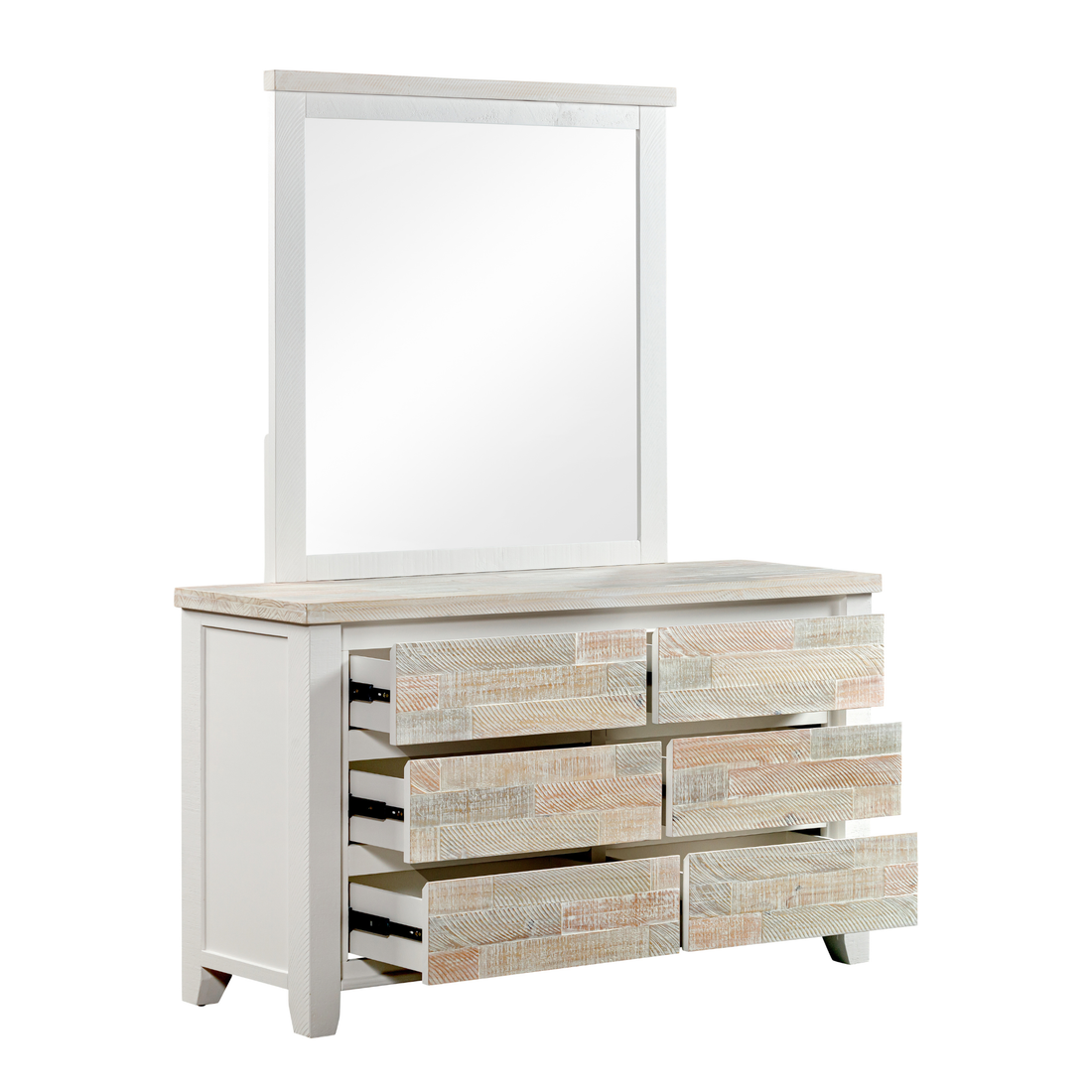 Valencia Solid Pine Timber Dresser Coastal Mirror Grey and Miami White Colour Six Drawers