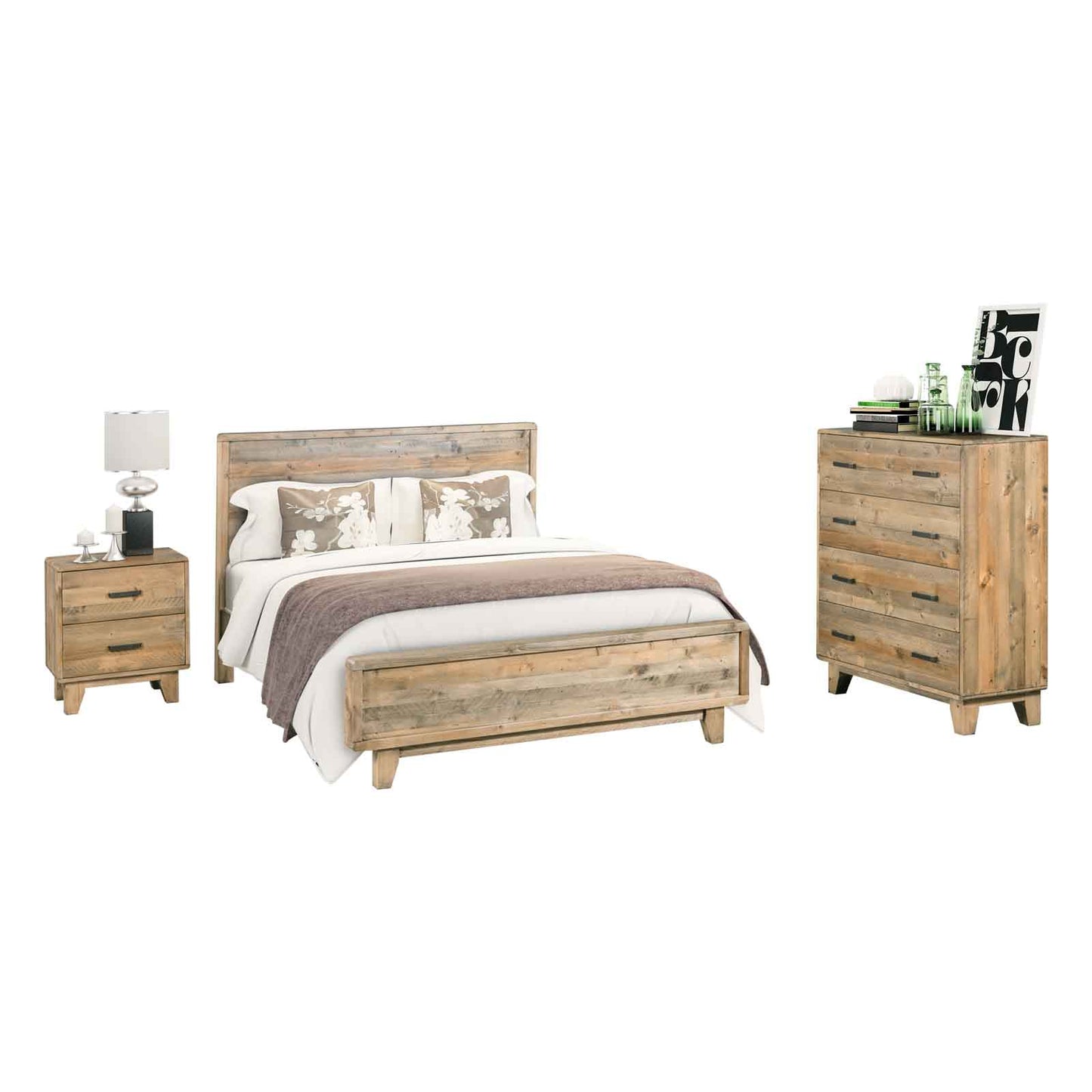 Woodland Solid Pine Timber 4 Pcs Bedroom Suite In Rustic Texture In Multiple Size