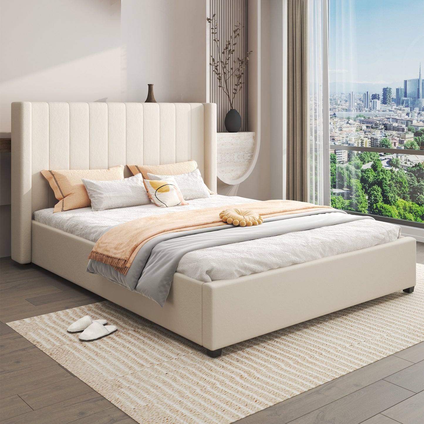 Alexa High Rise Headboard Beige Linen Fabric Four MDF Drawers with Wheels Queen Bed Frame