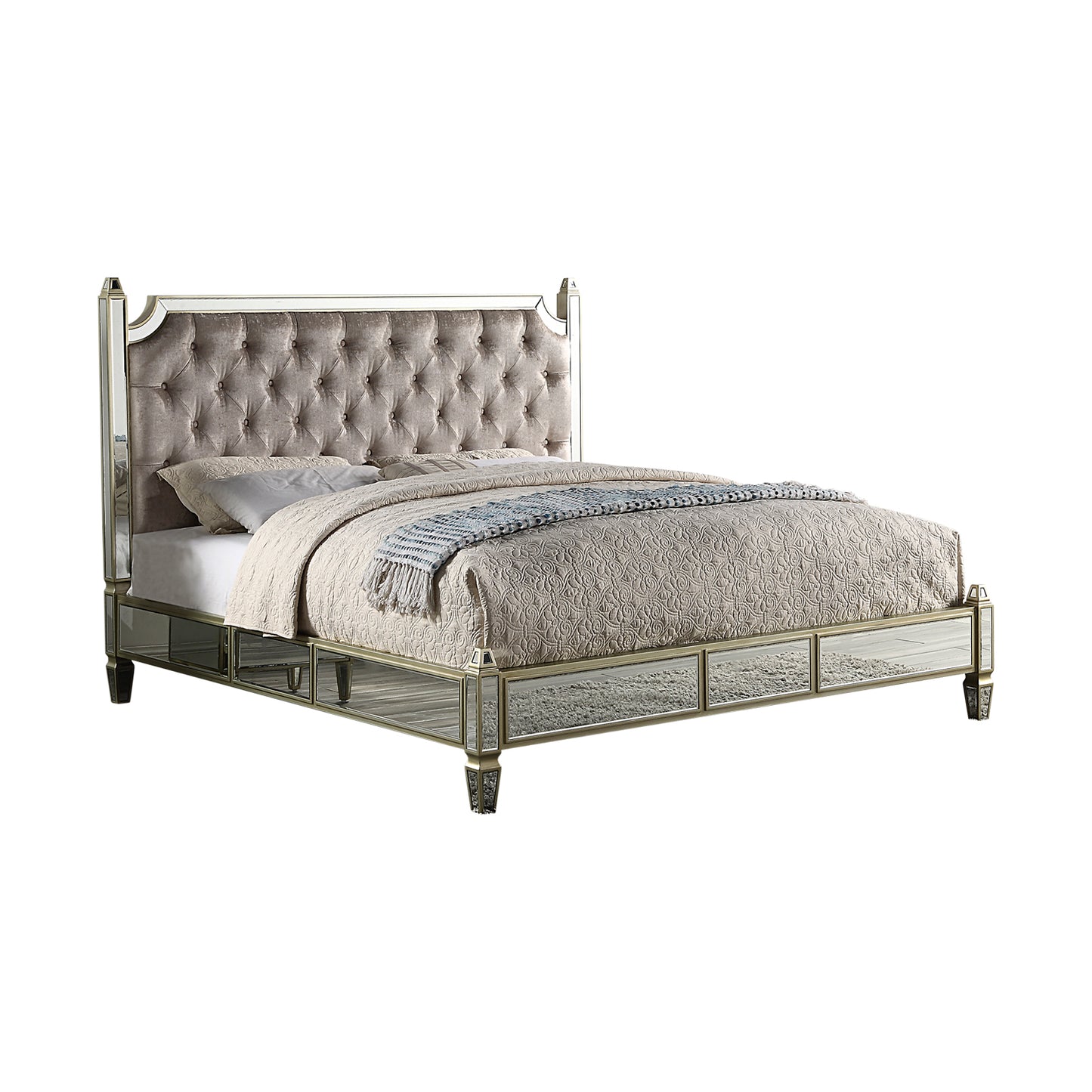 Antique Bedframe Mirrored Work Gold Colour Tufted Headboard Deep Quilting