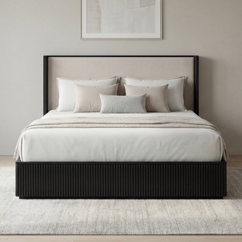 Arlo Solid Rubber Wood Bed Frame with Fabric Upholstered Headboard