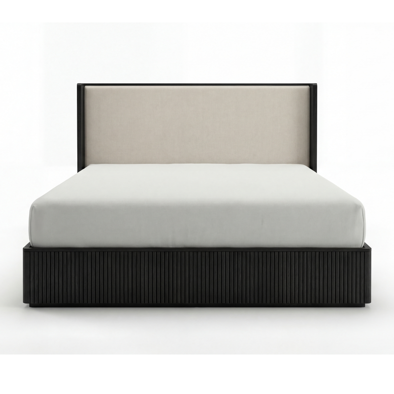 Arlo Solid Rubber Wood Bed Frame with Fabric Upholstered Headboard