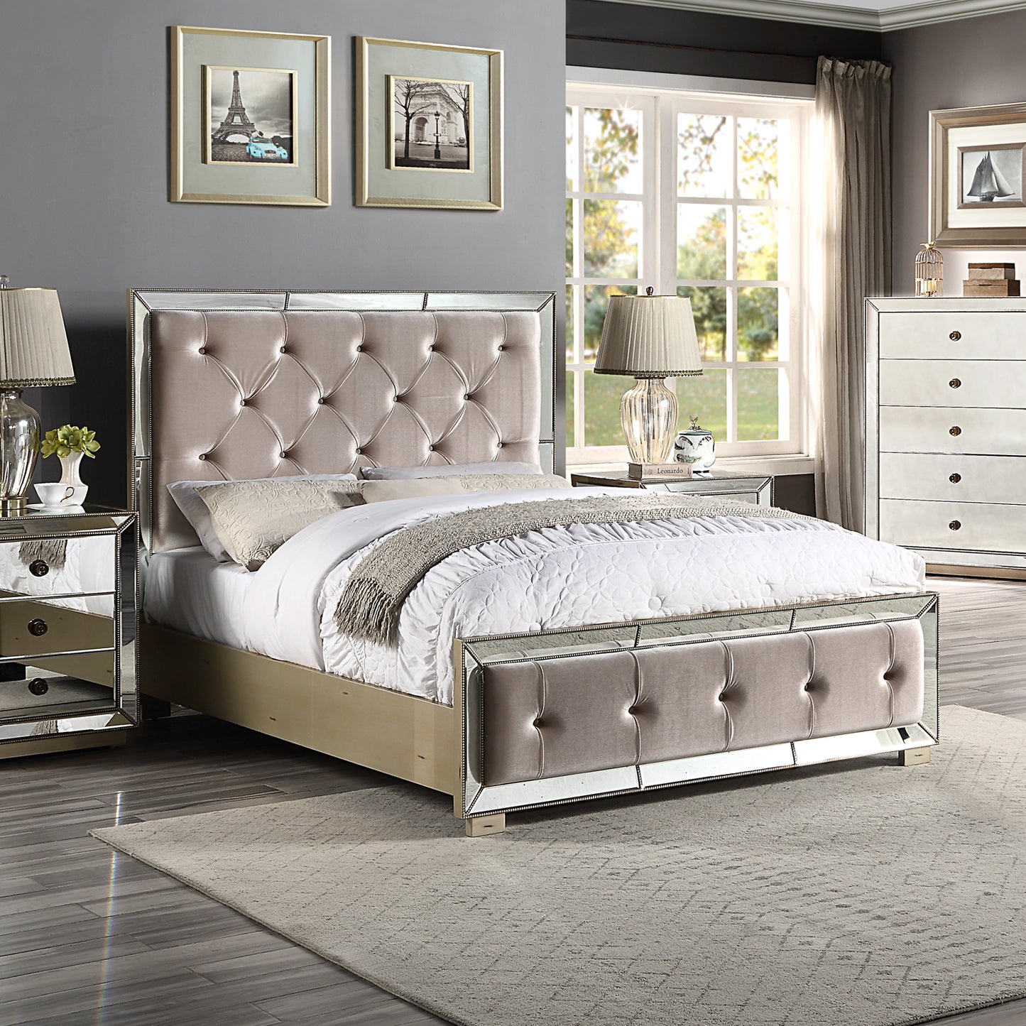 Germany Bedframe Velvet Upholstery Tufted Headboard Mirrored Work Deep Quilting in Beige/Black Colour
