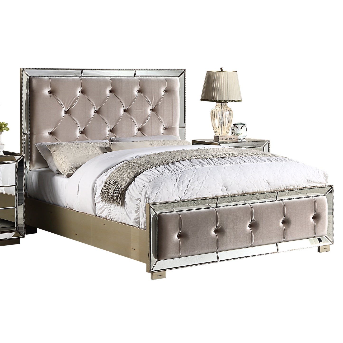 Germany Bedframe Velvet Upholstery Tufted Headboard Mirrored Work Deep Quilting in Beige/Black Colour