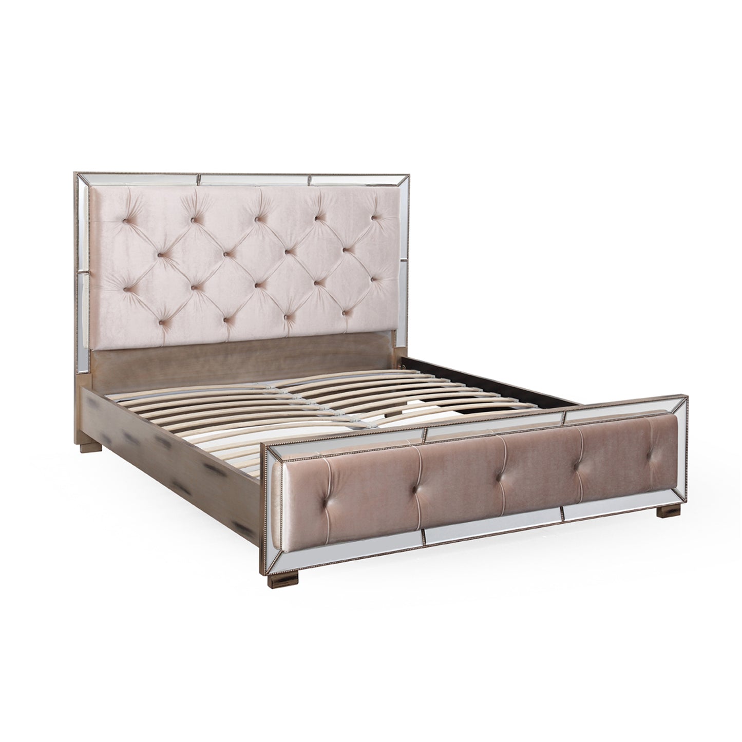 Germany Bedframe Velvet Upholstery Tufted Headboard Mirrored Work Deep Quilting in Beige/Black Colour