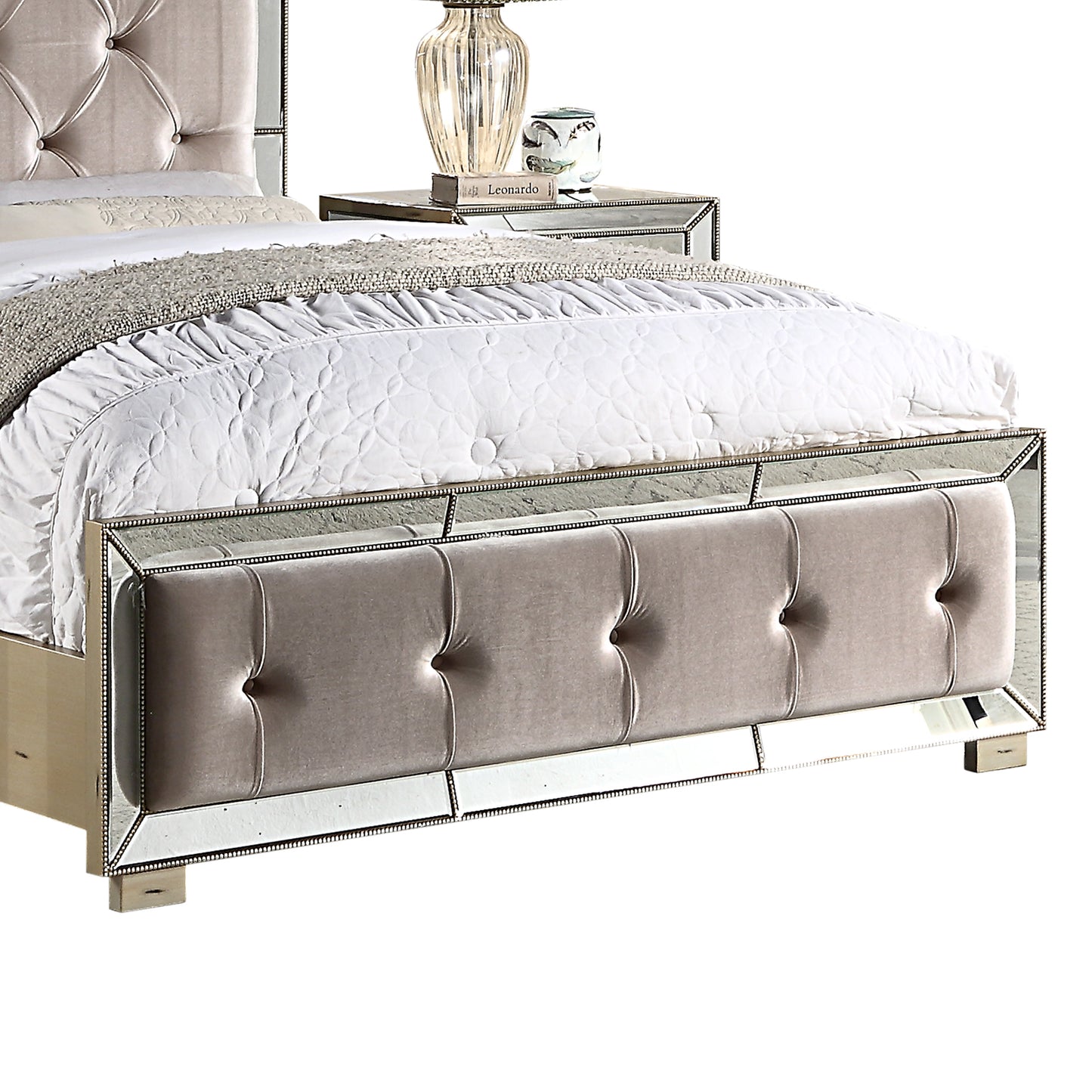 Germany Bedframe Velvet Upholstery Tufted Headboard Mirrored Work Deep Quilting in Beige/Black Colour