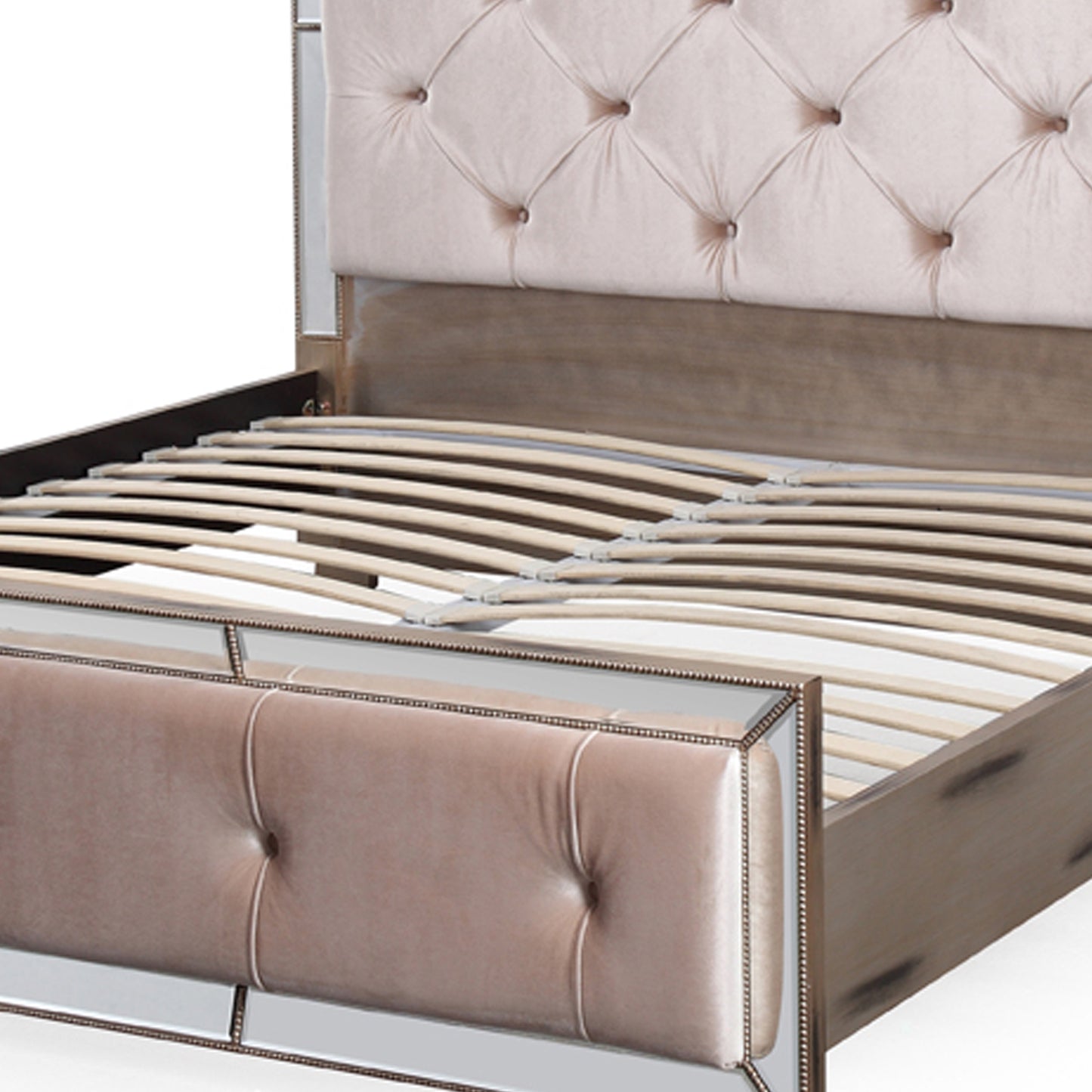 Germany Bedframe Velvet Upholstery Tufted Headboard Mirrored Work Deep Quilting in Beige/Black Colour
