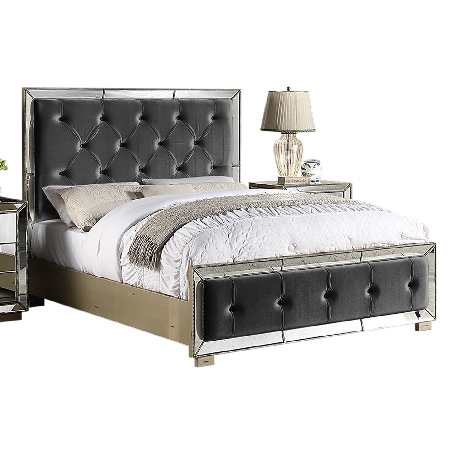 Germany Bedframe Velvet Upholstery Tufted Headboard Mirrored Work Deep Quilting in Beige/Black Colour