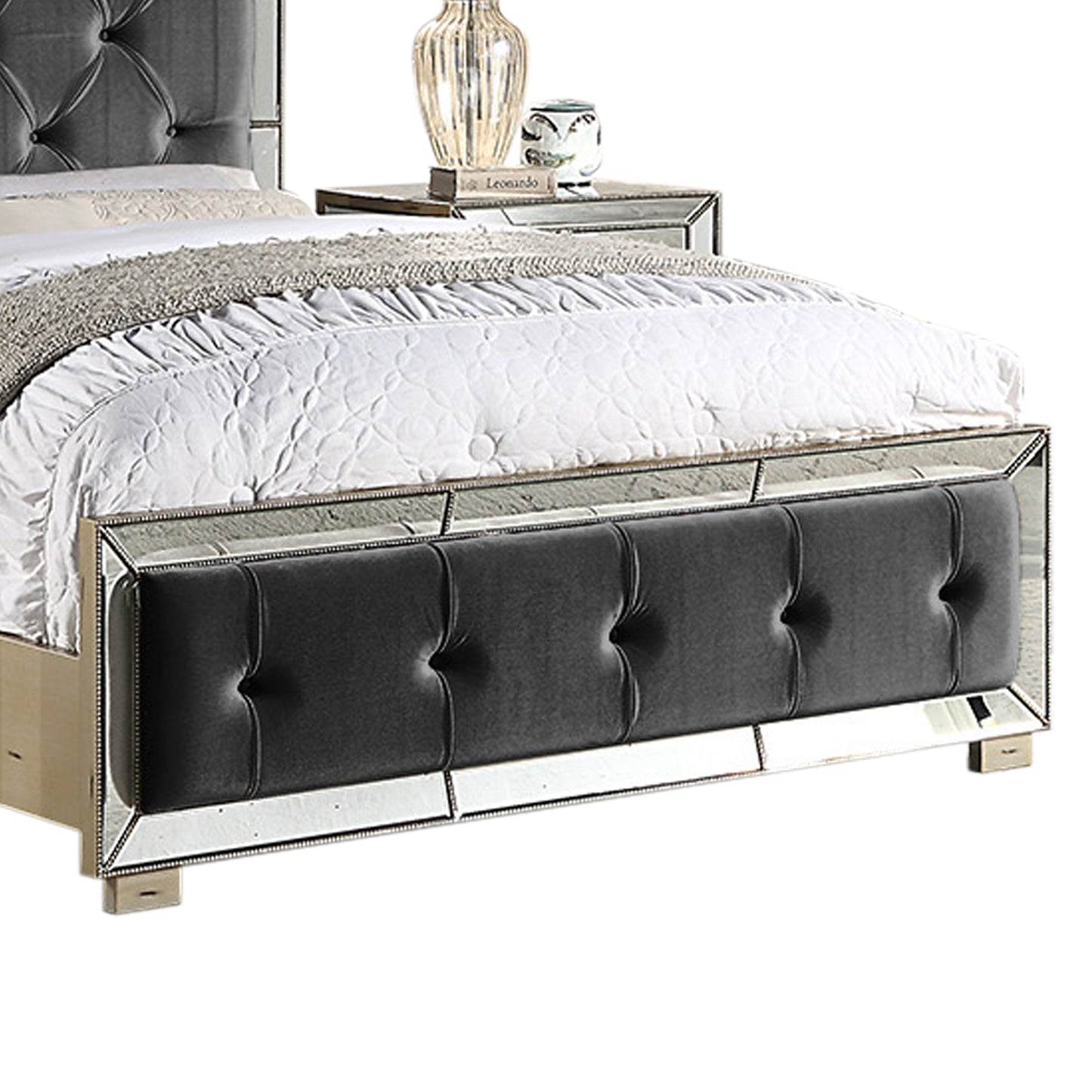 Germany Bedframe Velvet Upholstery Tufted Headboard Mirrored Work Deep Quilting in Beige/Black Colour