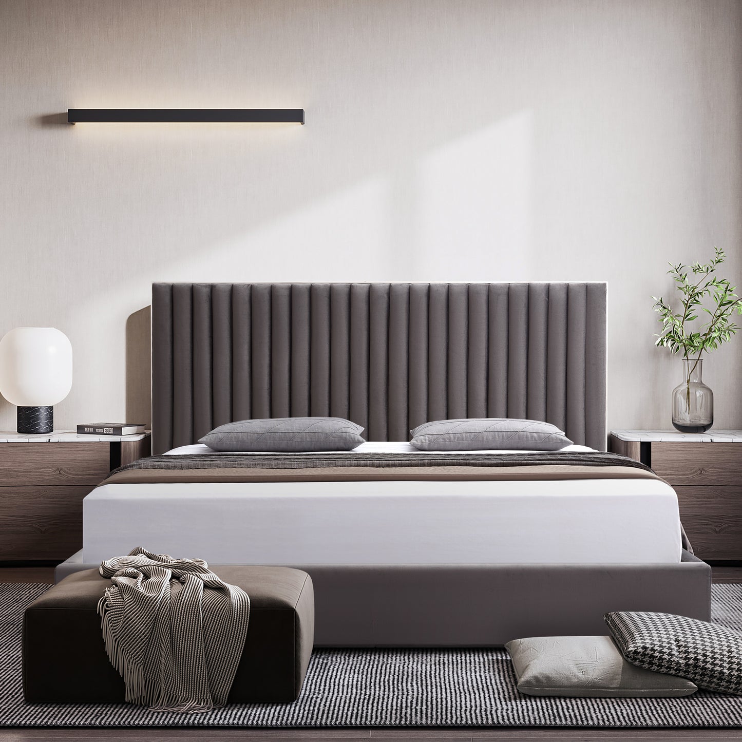 Hillsdale Bed Frame Velvet Fabric Padded Upholstery High Quality Slats Polished Stainless Steel Feet