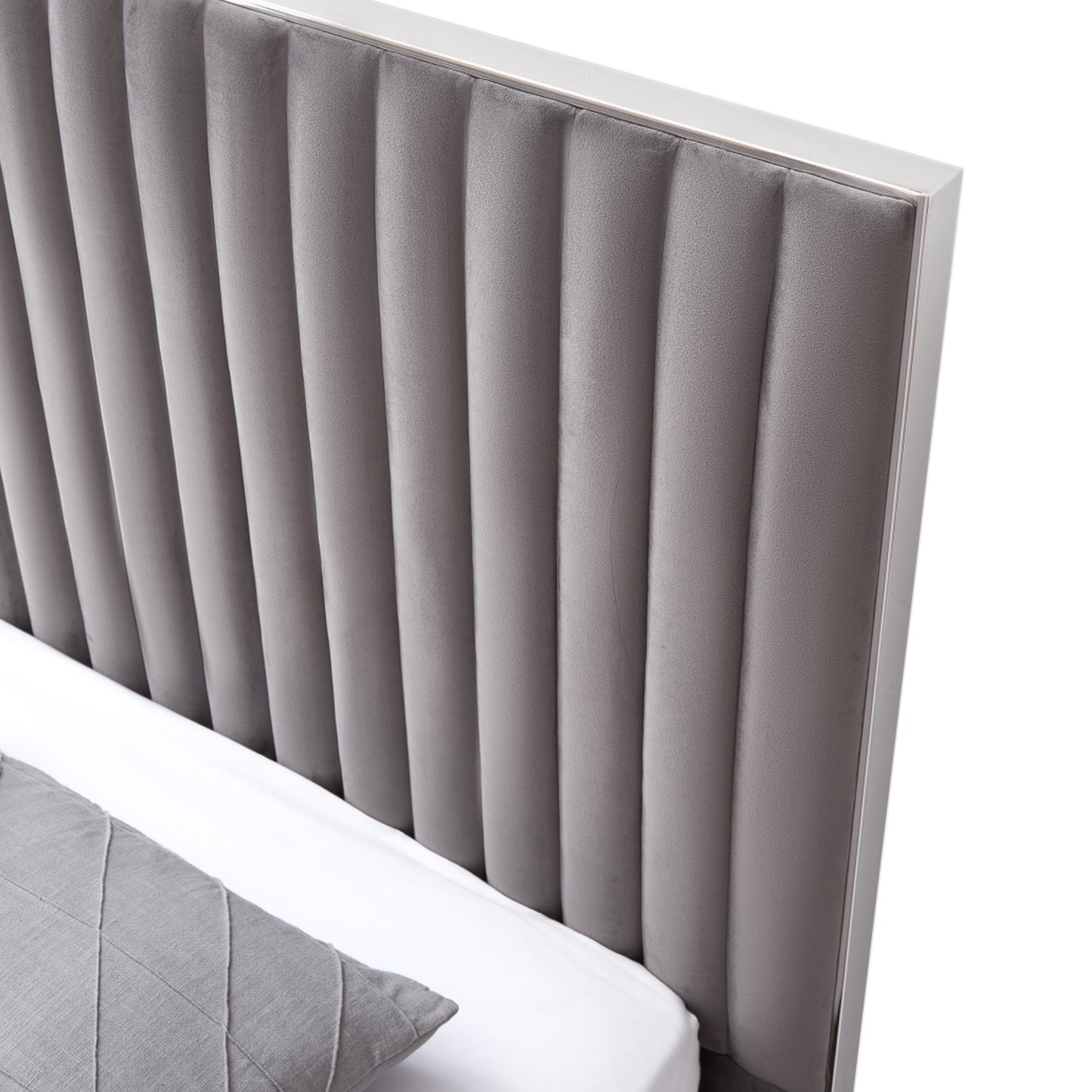 Hillsdale Bed Frame Velvet Fabric Padded Upholstery High Quality Slats Polished Stainless Steel Feet