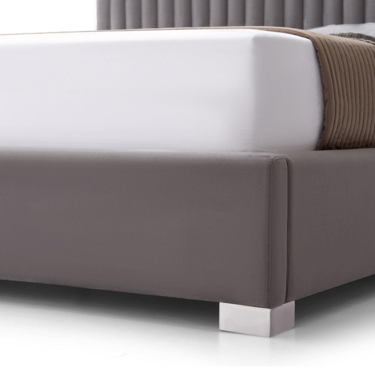 Hillsdale Bed Frame Velvet Fabric Padded Upholstery High Quality Slats Polished Stainless Steel Feet