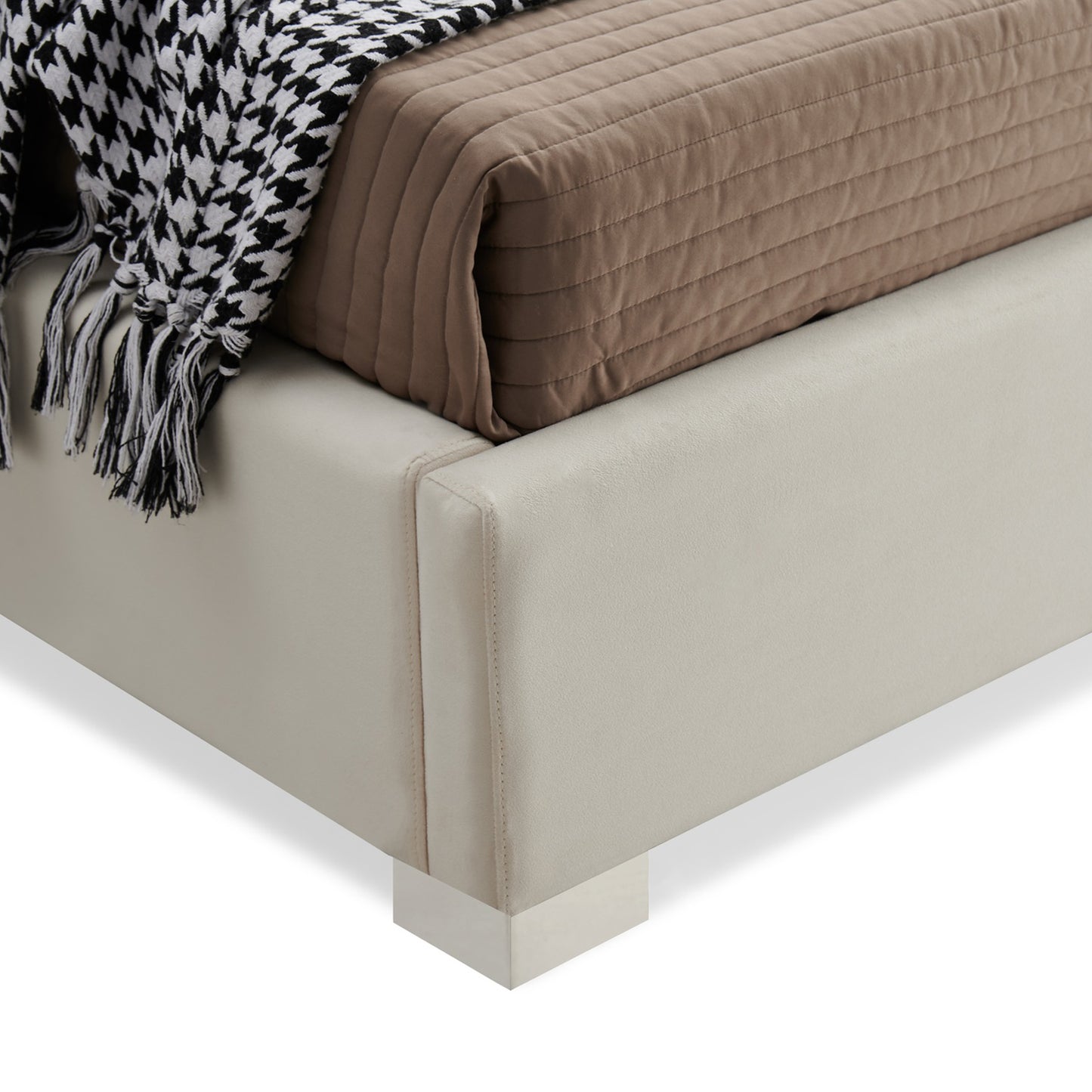 Matrix Bed Frame Fabric Padded Upholstery High Quality Slats Polished Stainless Steel Feet