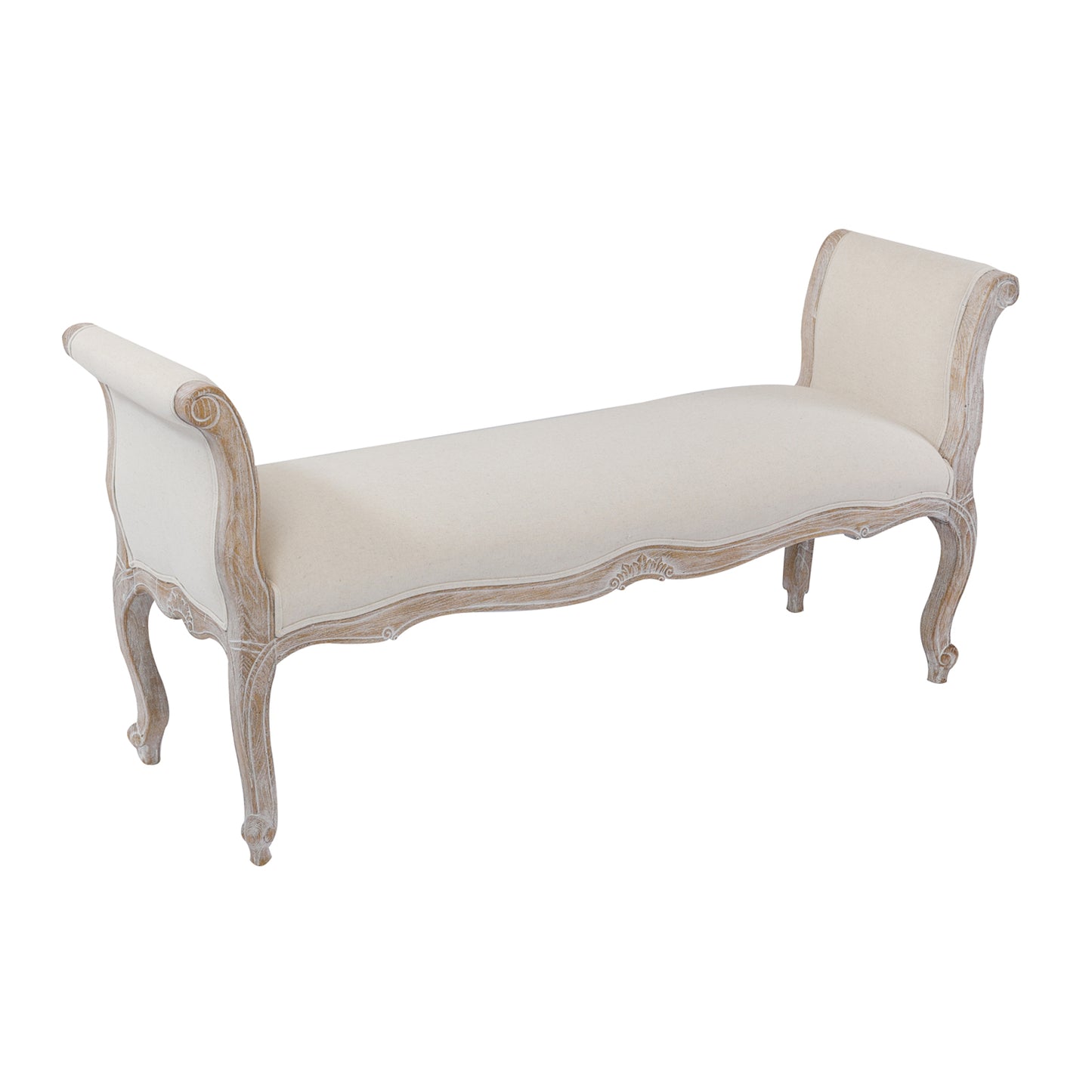 Lille Linen Fabric Beige Oak Wood White Washed Finish Bench Chair