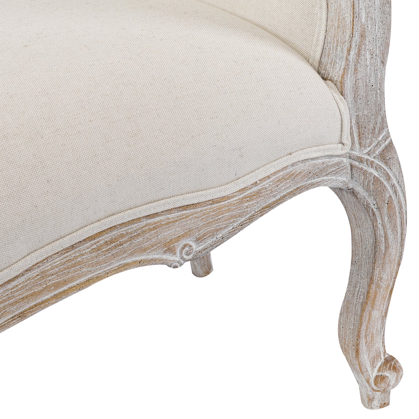Lille Linen Fabric Beige Oak Wood White Washed Finish Bench Chair