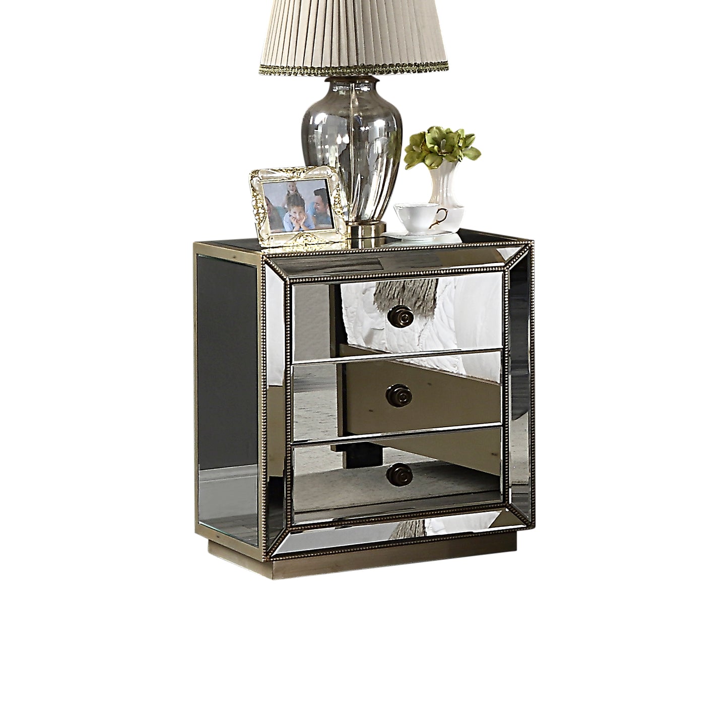 Germany Bedside Table MDF Antique Gold Colour Mirrored Work 3 Drawers