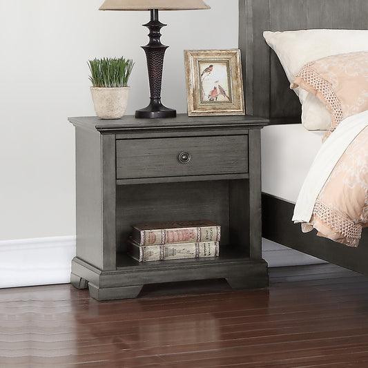 Marco Bedside Table with Storage Drawer Open Shelf in Solid Wood MDF Metal Handle in Wire Brush Grey Colour Nightstand