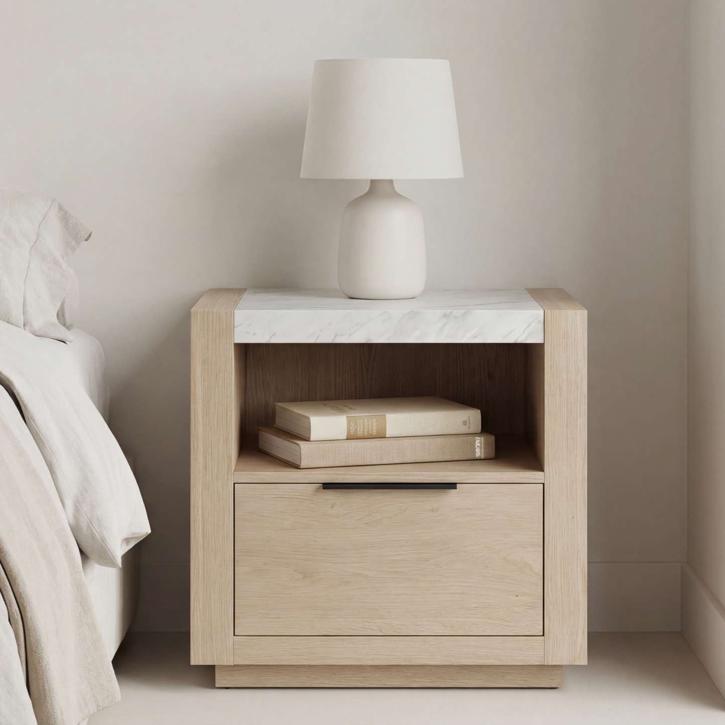 Savannah Oak Color Solid Rubber Wood Bedside Table with Stone Top and Drawer