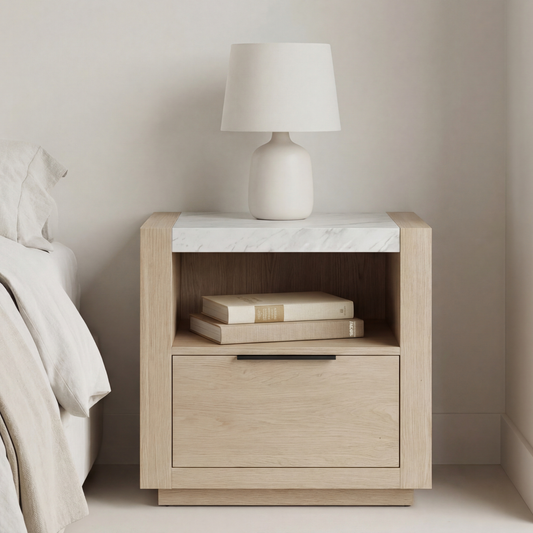 Savannah Oak Color Solid Rubber Wood Bedside Table with Stone Top and Drawer