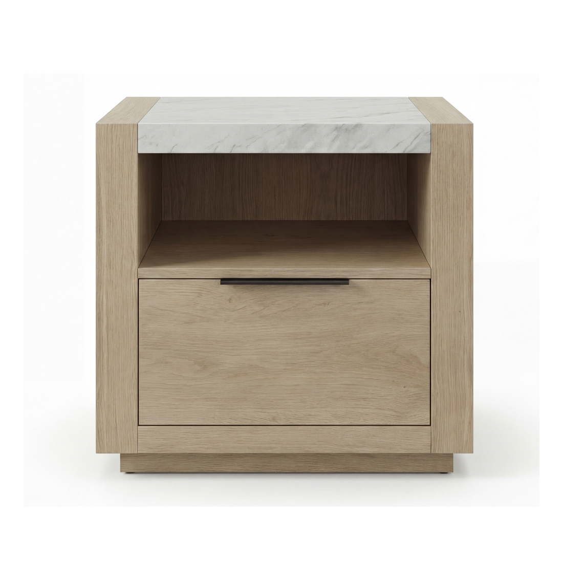 Savannah Oak Color Solid Rubber Wood Bedside Table with Stone Top and Drawer