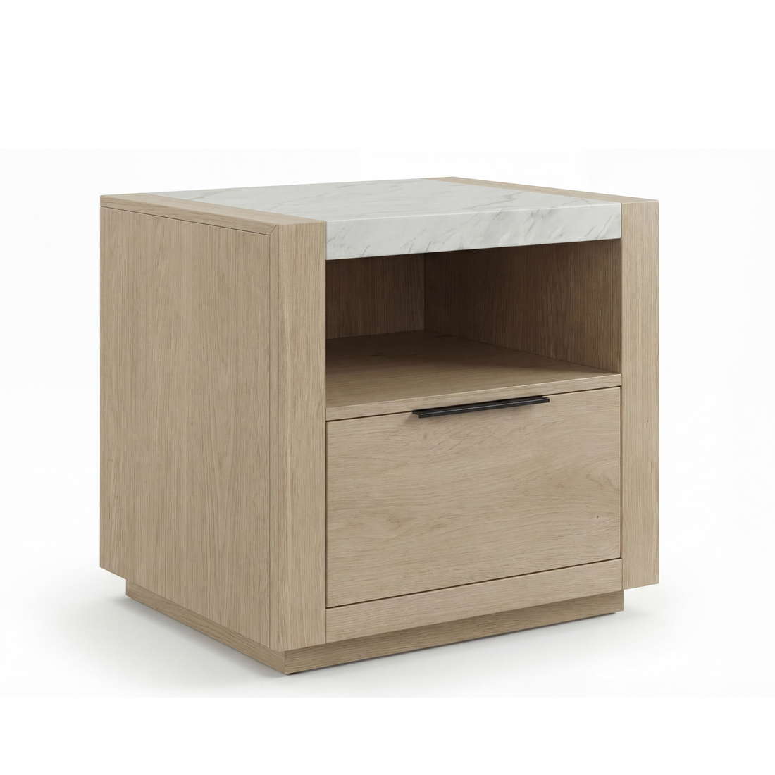Savannah Oak Color Solid Rubber Wood Bedside Table with Stone Top and Drawer