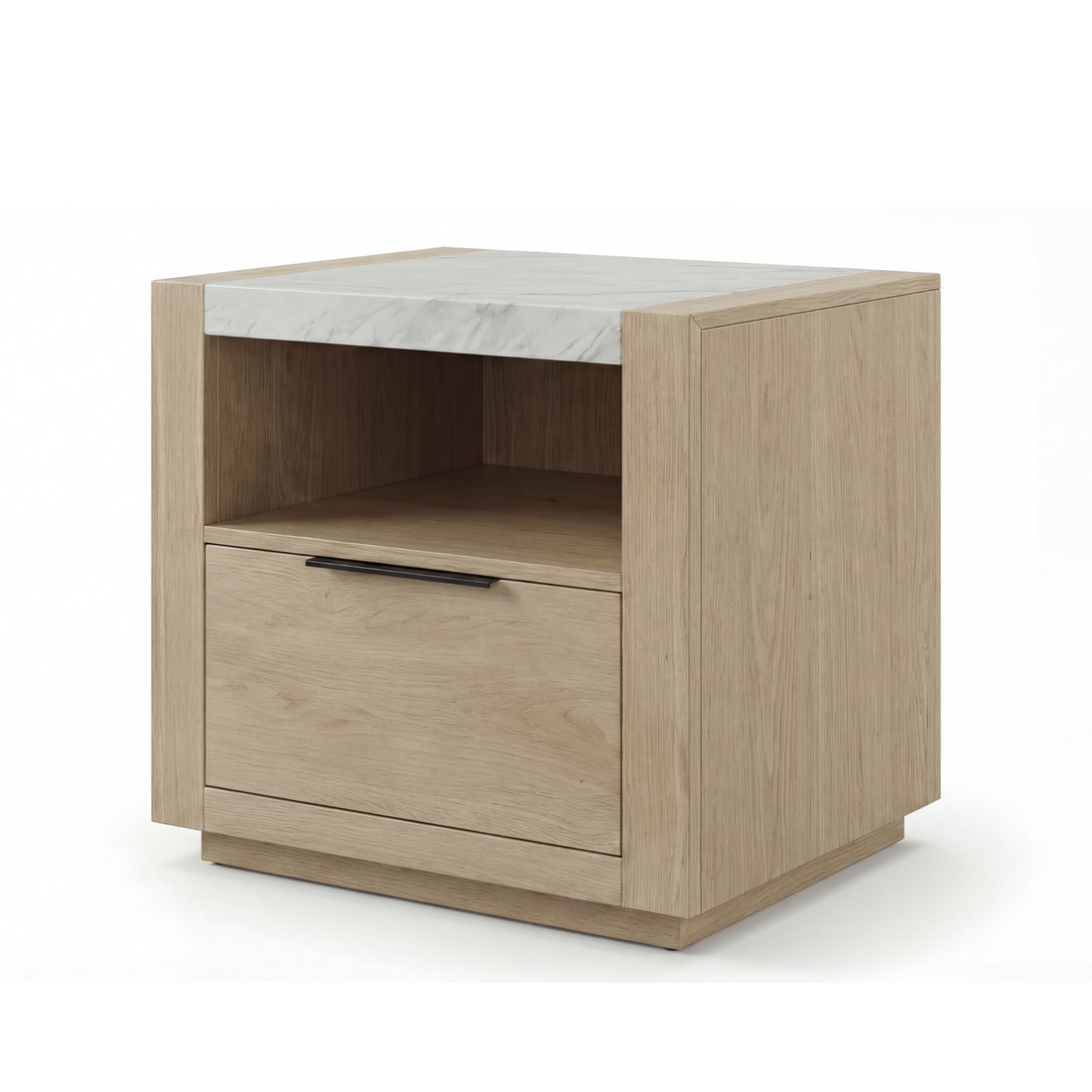 Savannah Oak Color Solid Rubber Wood Bedside Table with Stone Top and Drawer