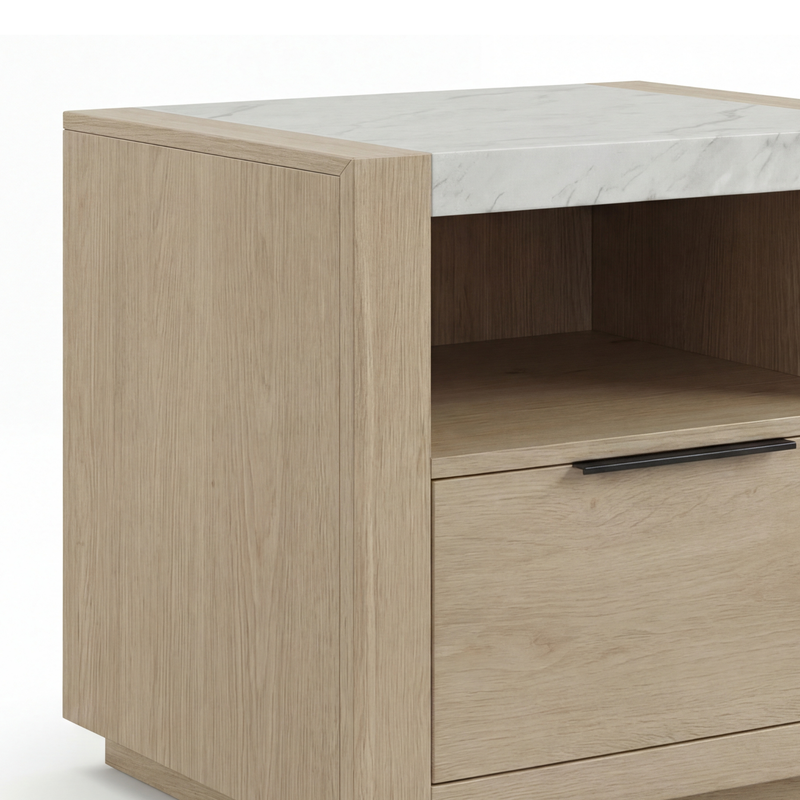 Savannah Oak Color Solid Rubber Wood Bedside Table with Stone Top and Drawer