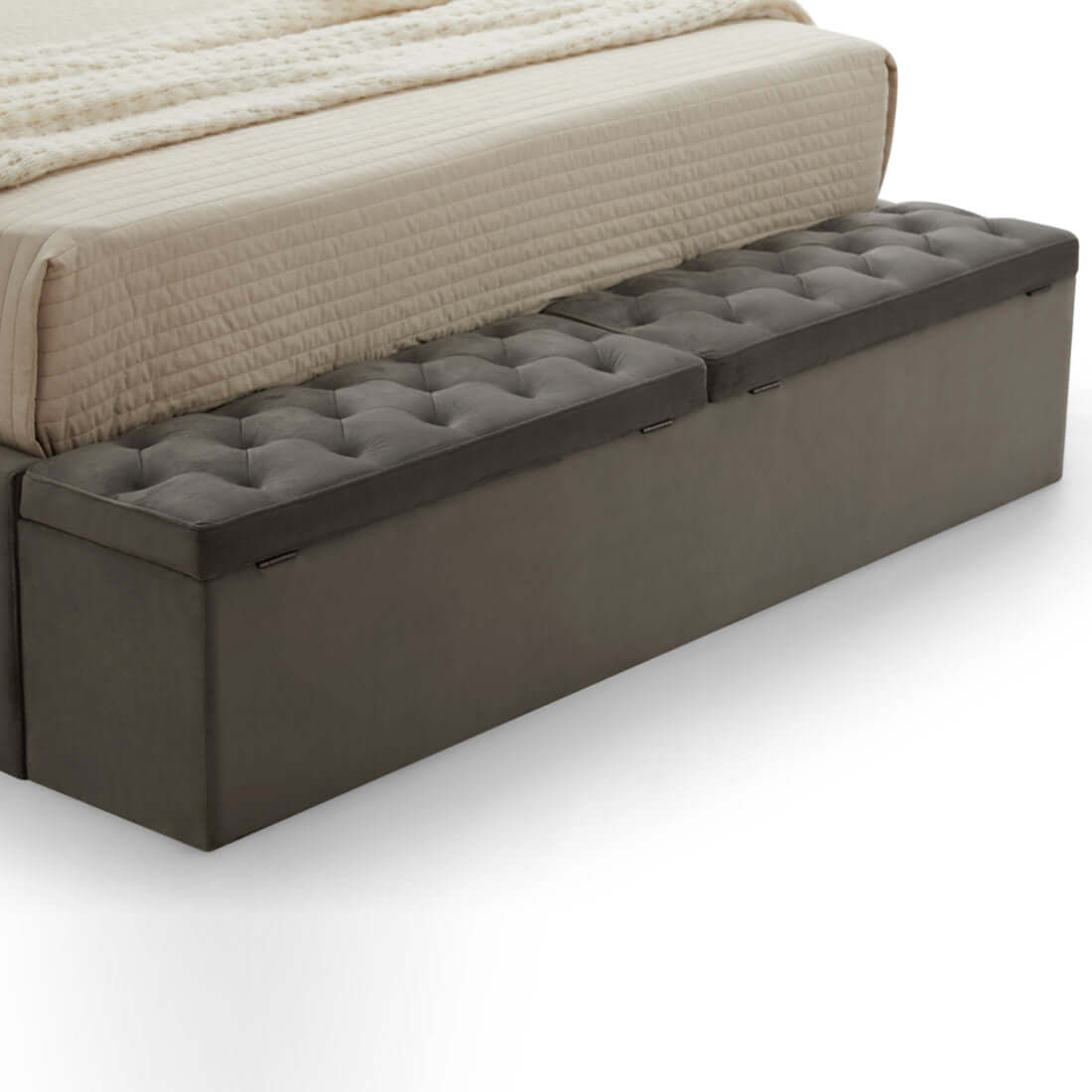 Double Bed Frame Melbourne upholstered storage bed with diamond tufted detailing and practical storage beneath.