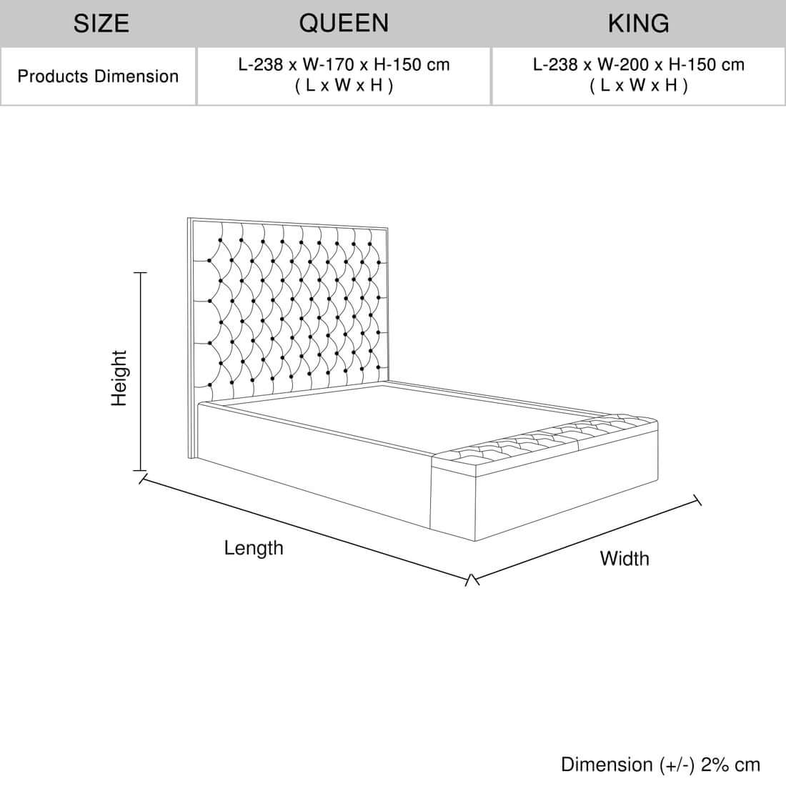 Dimensions of Double Bed Frame Melbourne in queen and king sizes with detailed measurements.