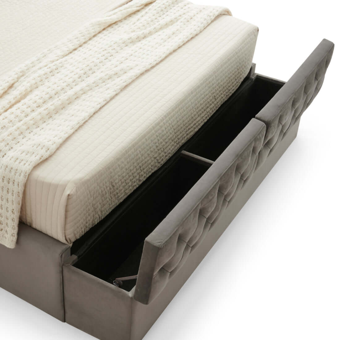 Double Bed Frame Melbourne with upholstered headboard and storage drawers showcasing a luxurious style and comfort.