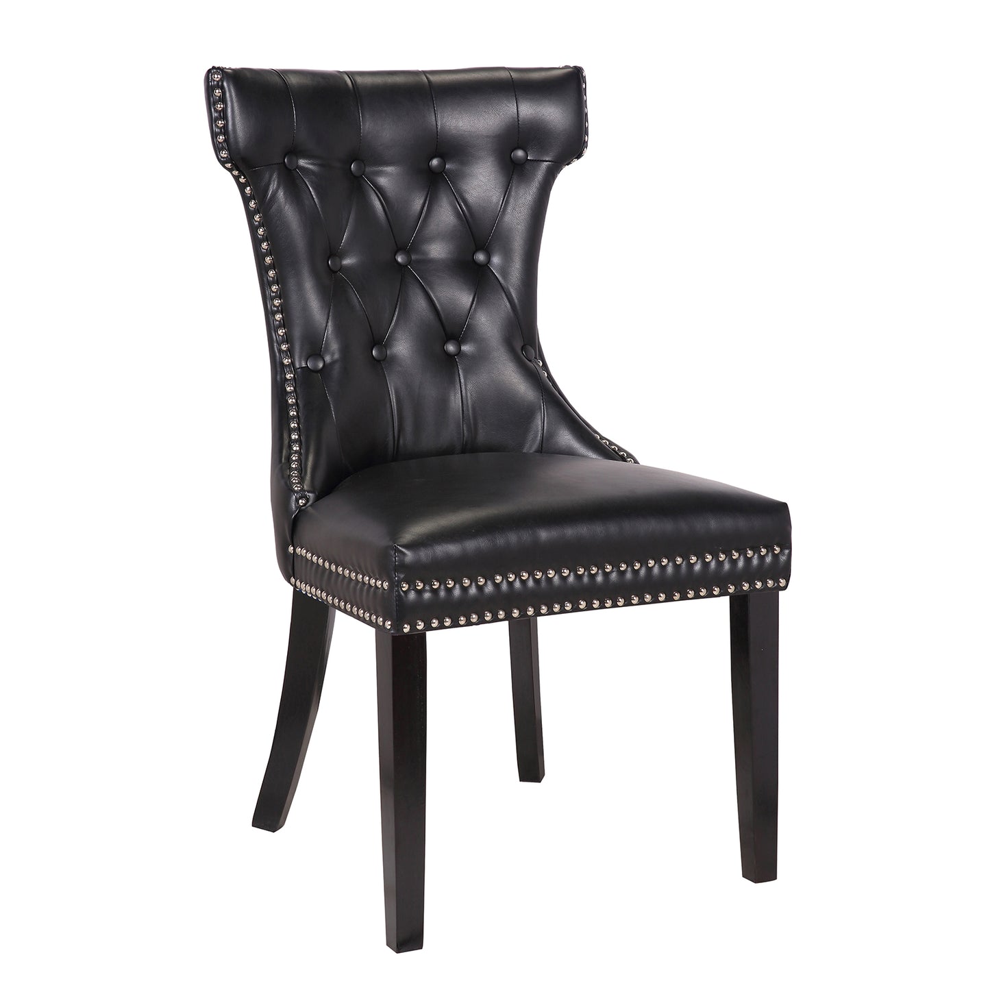 Century 2x Dining Chair Black Leatherette Upholstery Button Studding Deep Quilting Wooden Frame Back with Lion Ring and Nail Rubber Wood Legs