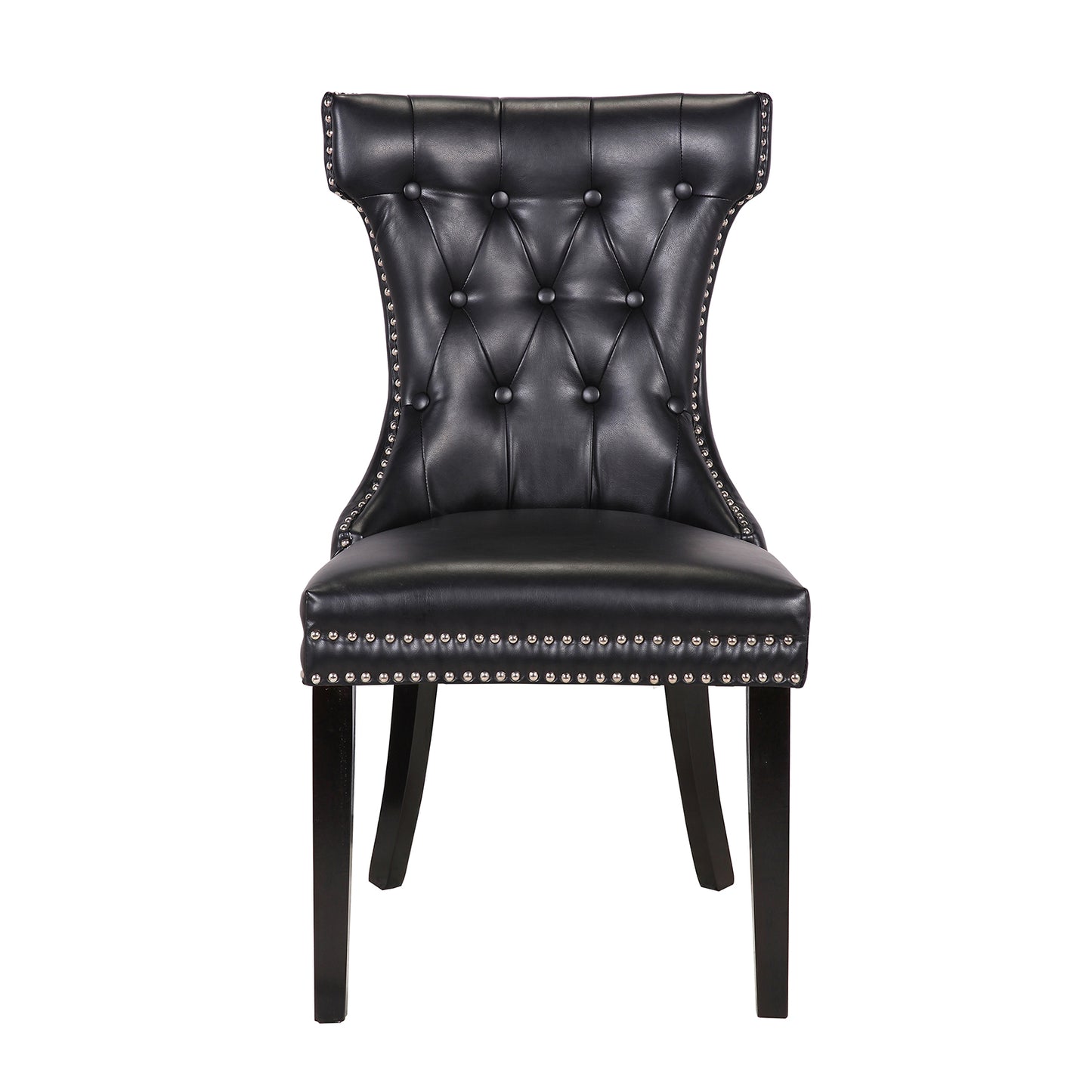 Century 2x Dining Chair Black Leatherette Upholstery Button Studding Deep Quilting Wooden Frame Back with Lion Ring and Nail Rubber Wood Legs