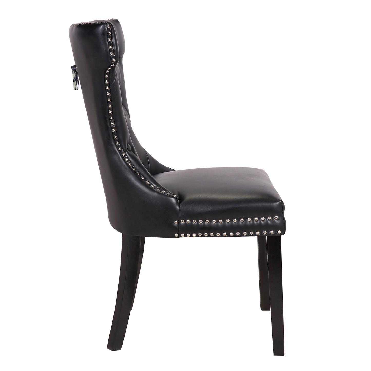 Century 2x Dining Chair Black Leatherette Upholstery Button Studding Deep Quilting Wooden Frame Back with Lion Ring and Nail Rubber Wood Legs