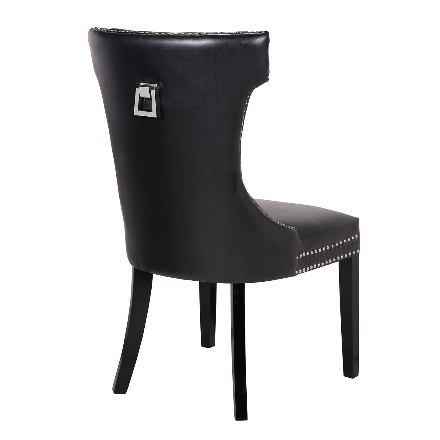 Century 2x Dining Chair Black Leatherette Upholstery Button Studding Deep Quilting Wooden Frame Back with Lion Ring and Nail Rubber Wood Legs