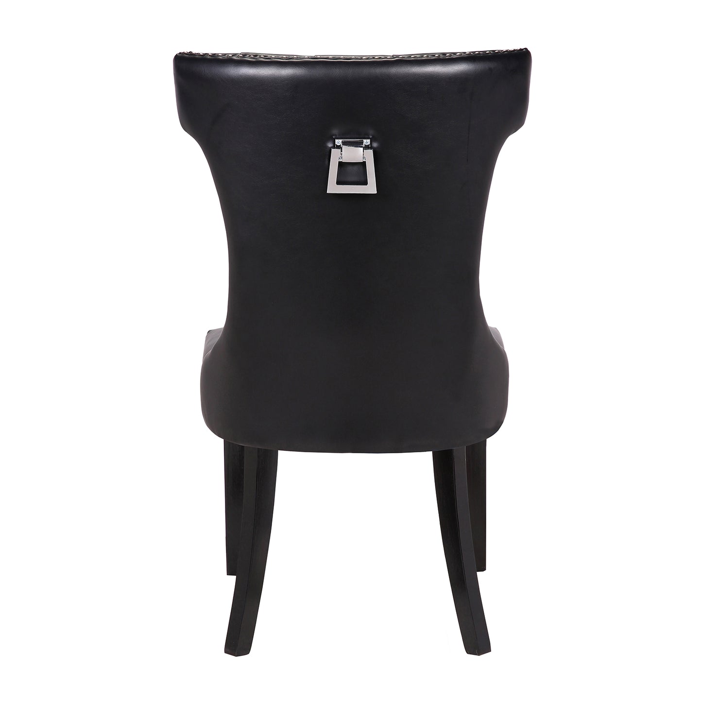 Century 2x Dining Chair Black Leatherette Upholstery Button Studding Deep Quilting Wooden Frame Back with Lion Ring and Nail Rubber Wood Legs