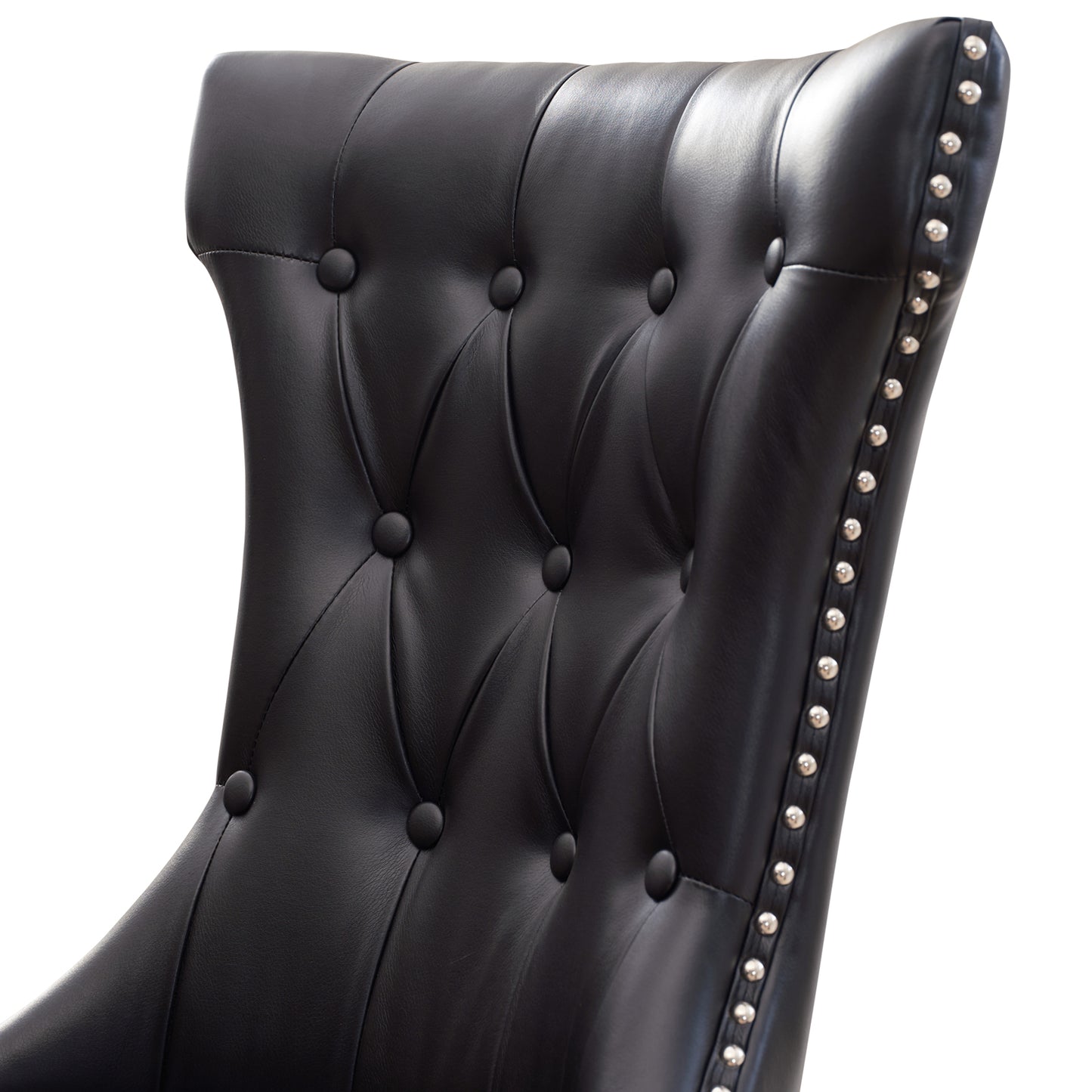 Century 2x Dining Chair Black Leatherette Upholstery Button Studding Deep Quilting Wooden Frame Back with Lion Ring and Nail Rubber Wood Legs