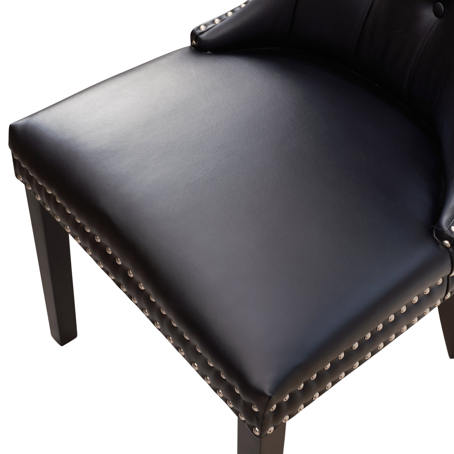 Century 2x Dining Chair Black Leatherette Upholstery Button Studding Deep Quilting Wooden Frame Back with Lion Ring and Nail Rubber Wood Legs