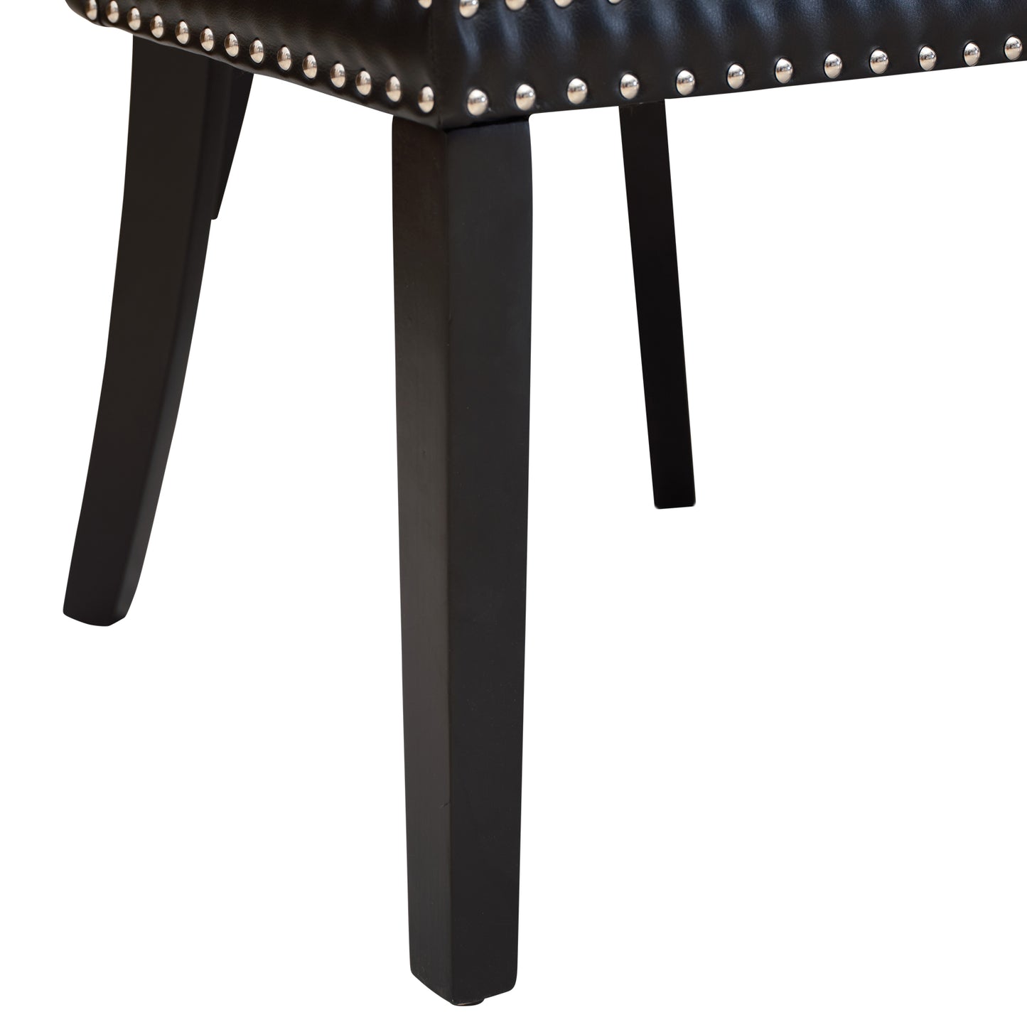Century 2x Dining Chair Black Leatherette Upholstery Button Studding Deep Quilting Wooden Frame Back with Lion Ring and Nail Rubber Wood Legs