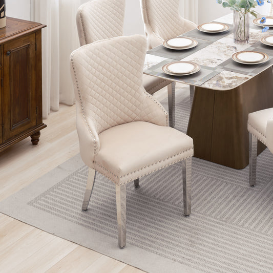 Lyon 2x Dining Chair Beige Velvet Upholstery Button Studding on Edge Wooden Frame Back with Ring and Nail Stainless Steel Legs