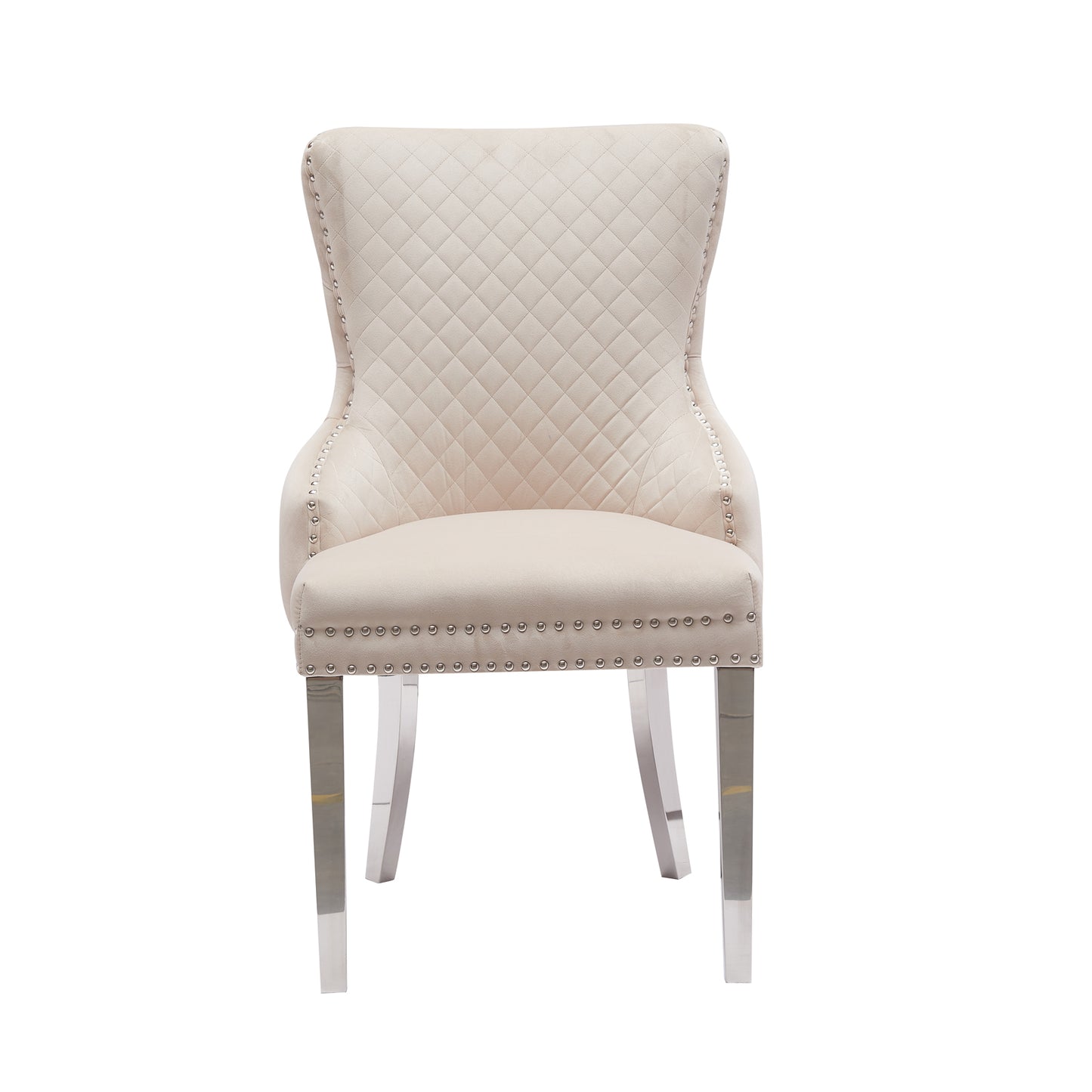 Lyon 2x Dining Chair Beige Velvet Upholstery Button Studding on Edge Wooden Frame Back with Ring and Nail Stainless Steel Legs