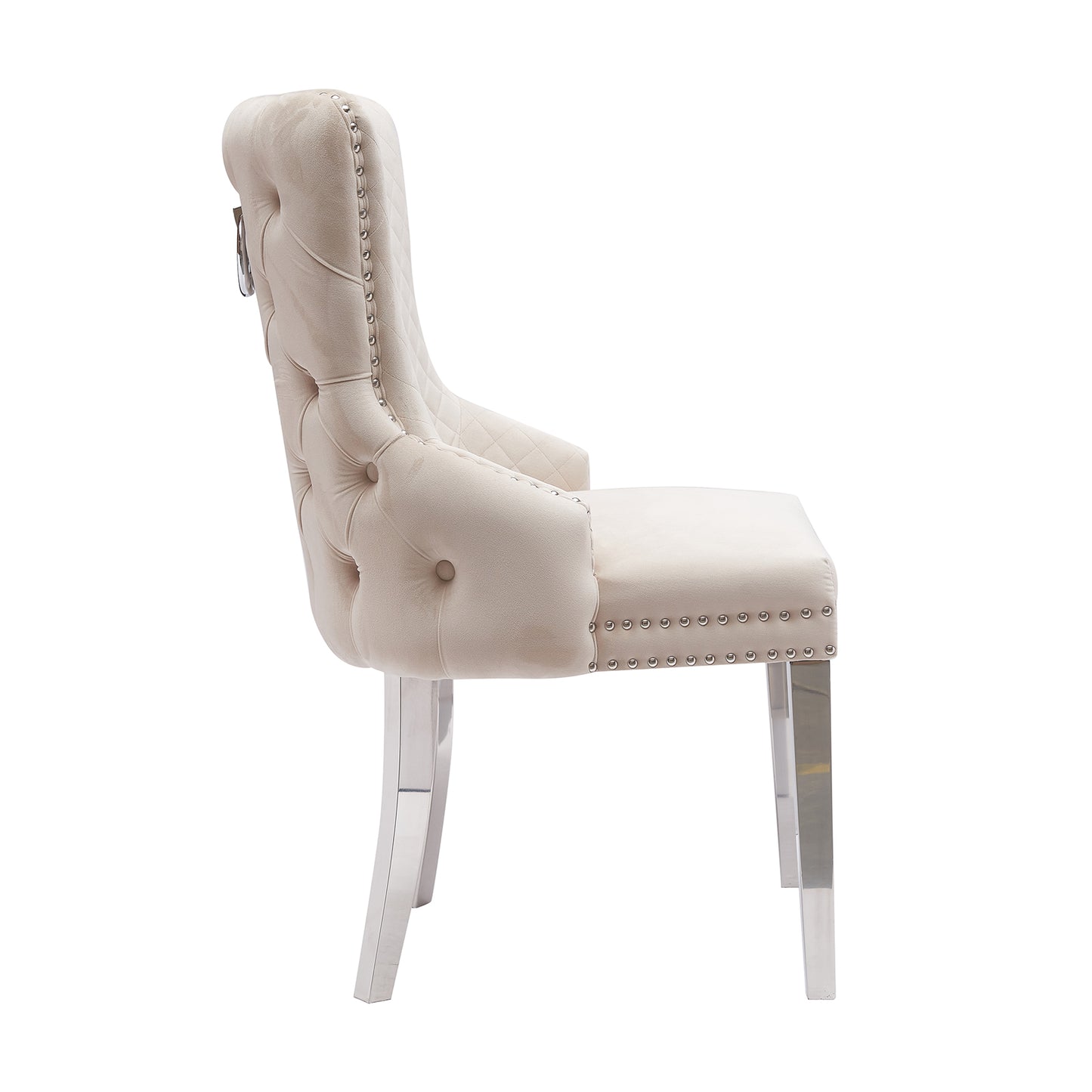 Lyon 2x Dining Chair Beige Velvet Upholstery Button Studding on Edge Wooden Frame Back with Ring and Nail Stainless Steel Legs